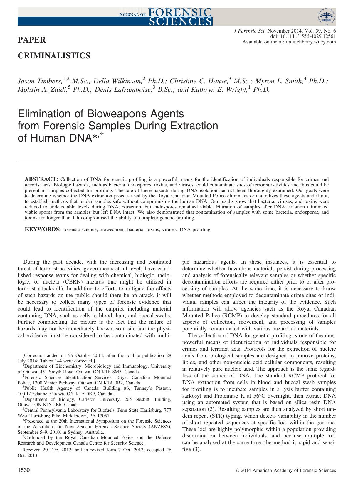 Elimination of Bioweapons Agents from Forensic Samples During Extraction of Human DNA by Unknown