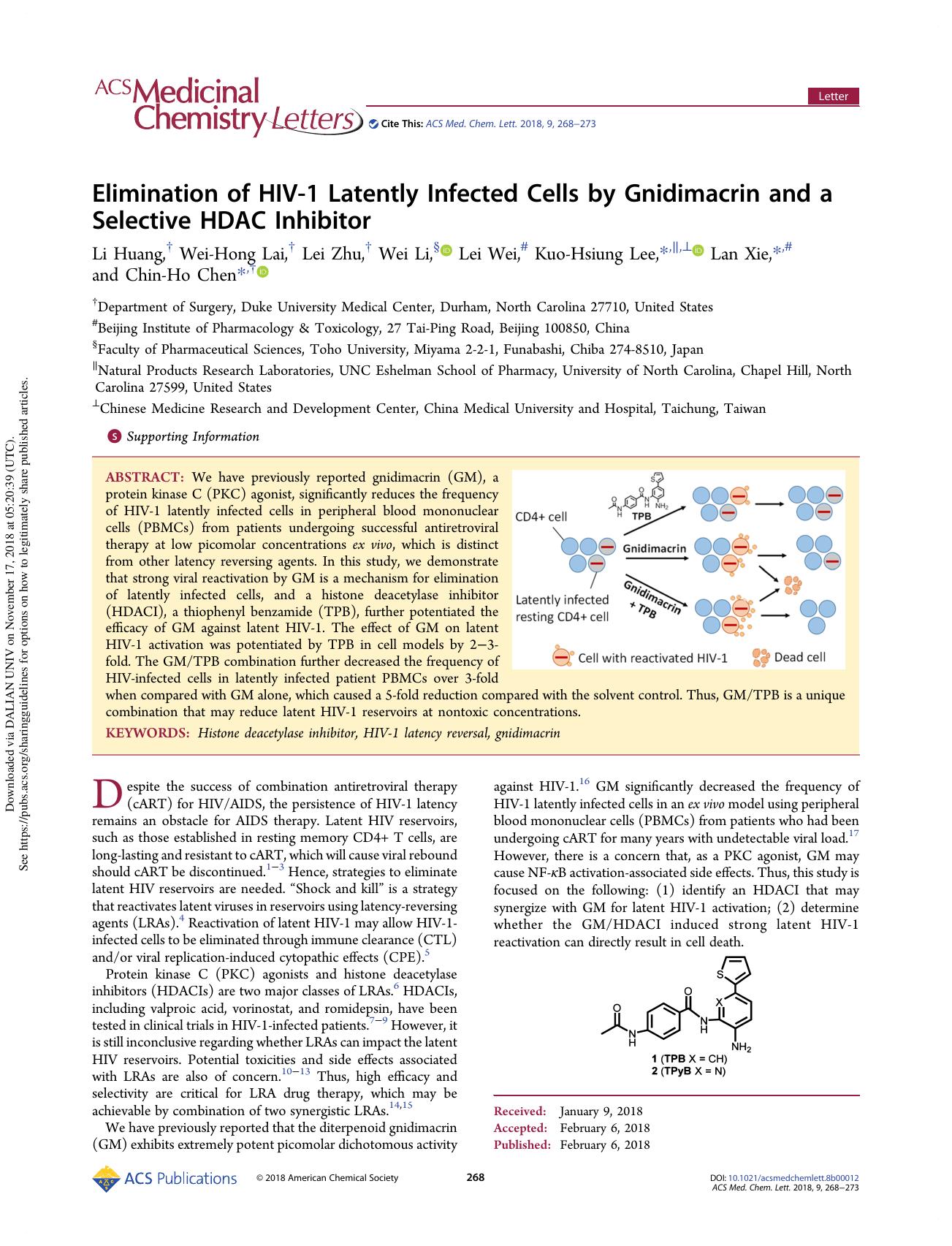 Elimination of HIV-1 Latently Infected Cells by Gnidimacrin and a Selective HDAC Inhibitor by Li Huang Wei-Hong Lai Lei Zhu Wei Li Lei Wei Kuo-Hsiung Lee Lan Xie & Chin-Ho Chen