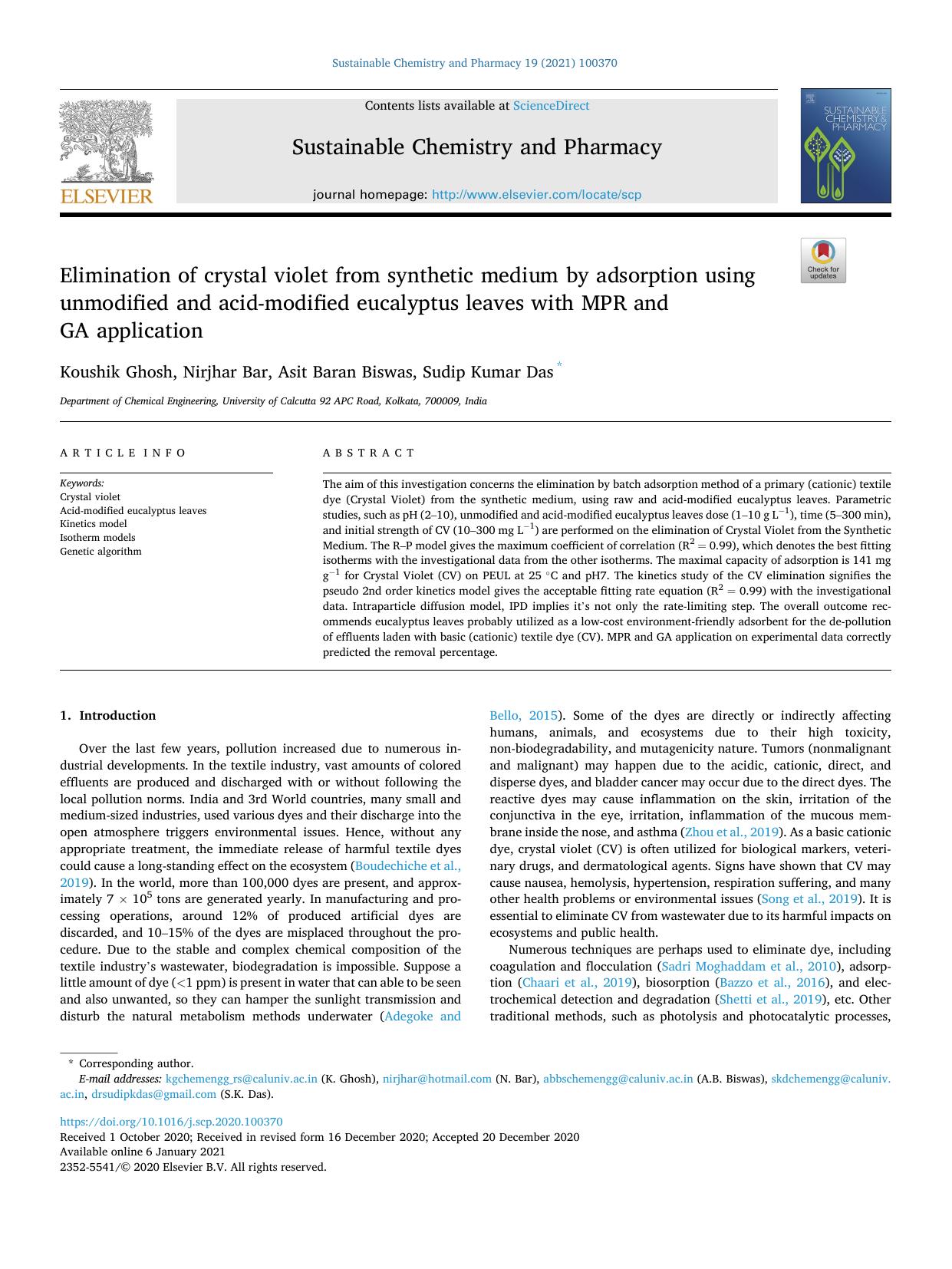 Elimination of crystal violet from synthetic medium by adsorption using unmodified and acid-modified eucalyptus leaves with MPR and GA application by Koushik Ghosh