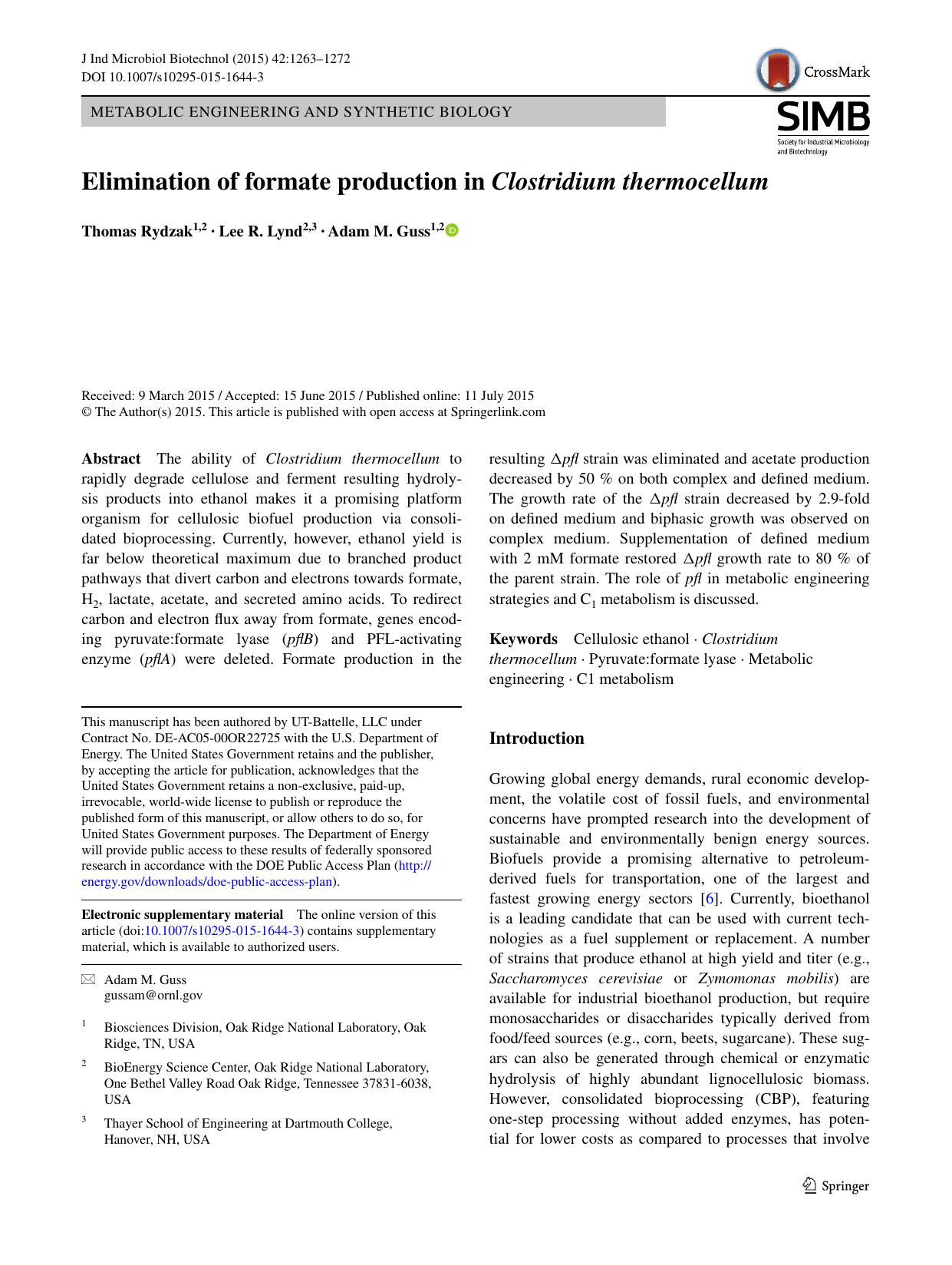 Elimination of formate production in Clostridium thermocellum by Thomas Rydzak & Lee R. Lynd & Adam M. Guss