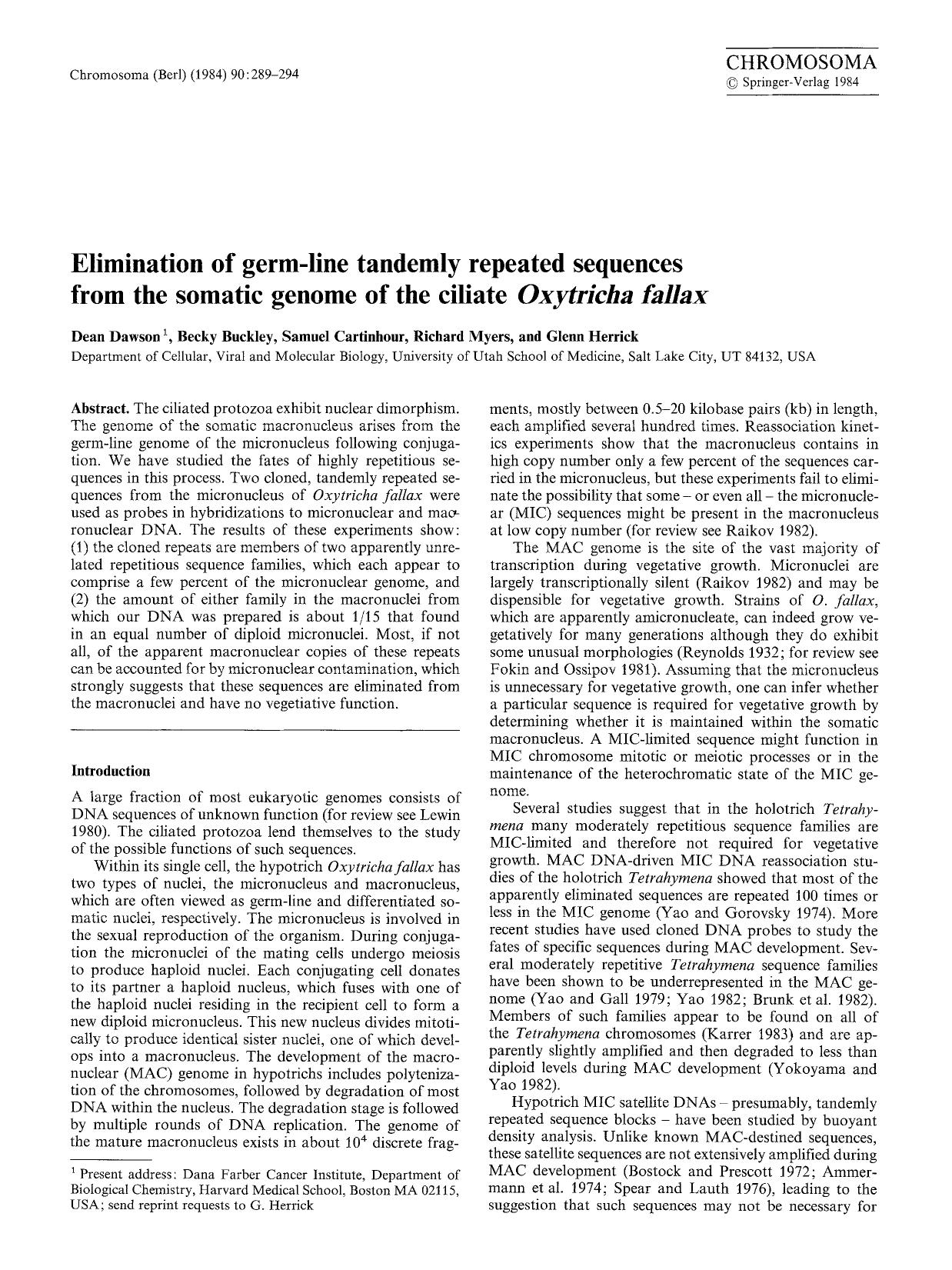 Elimination of germ-line tandemly repeated sequences from the somatic genome of the ciliate <Emphasis Type="Italic">Oxytricha fallax<Emphasis> by Unknown