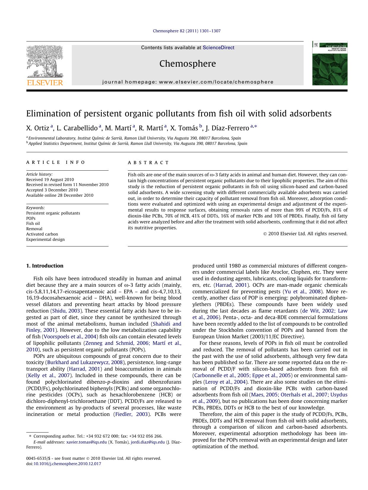 Elimination of persistent organic pollutants from fish oil with solid adsorbents by X. Ortiz & L. Carabellido & M. Martí & R. Martí & X. Tomás & J. Díaz-Ferrero
