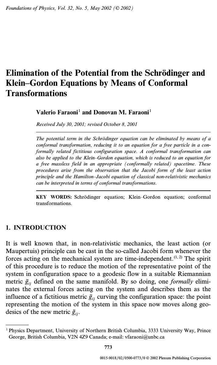 Elimination of the Potential from the Schrödinger and Klein–Gordon Equations by Means of Conformal Transformations by Unknown