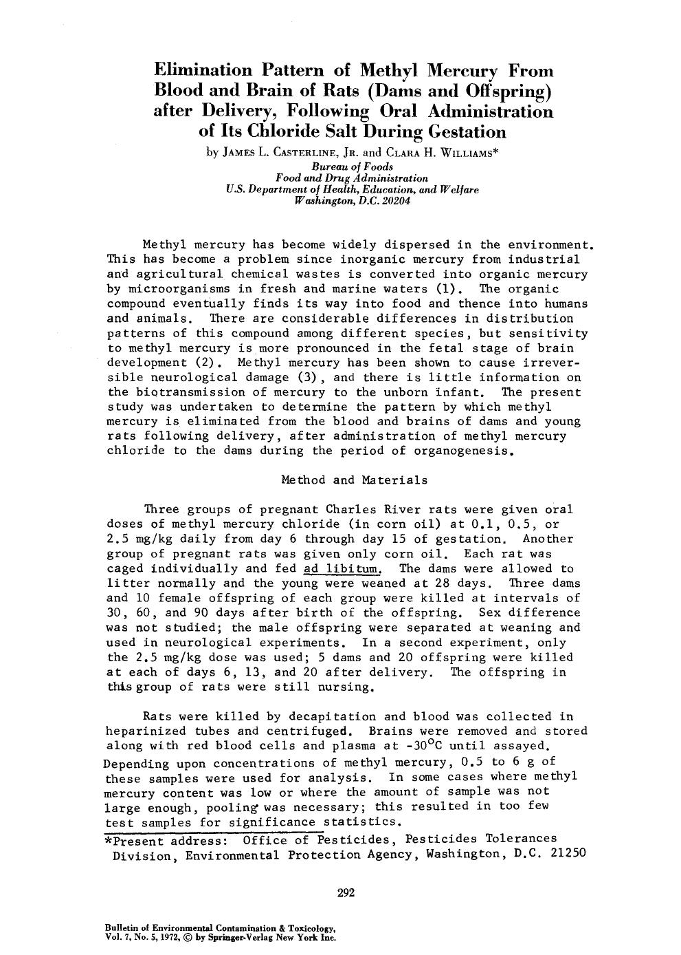 Elimination pattern of methyl mercury from blood and brain of rats (dams and offspring) after delivery, following oral administration of its chloride salt during gestation by Unknown