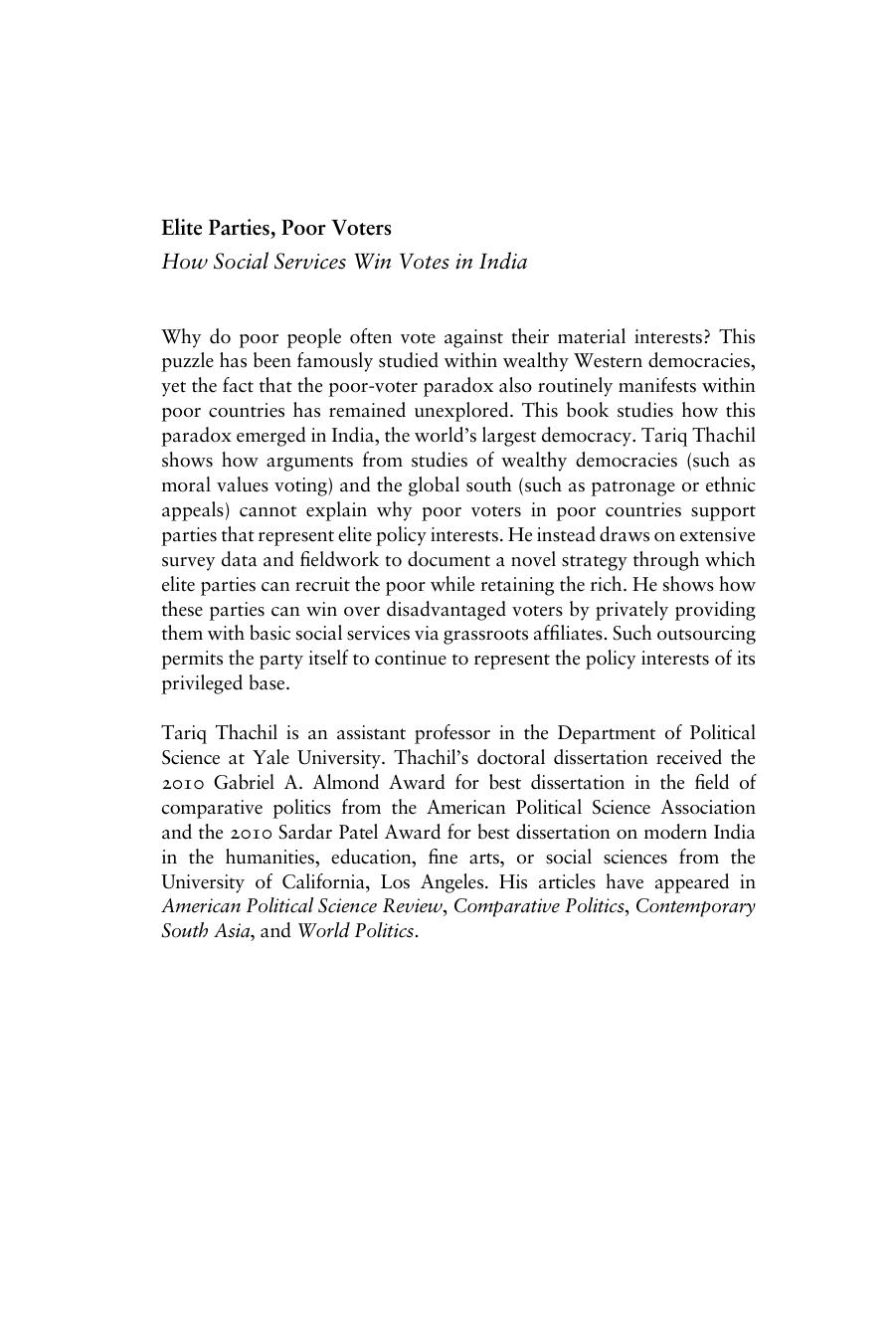 Elite Parties, Poor Voters: How Social Services Win Votes in India by Tariq Thachil