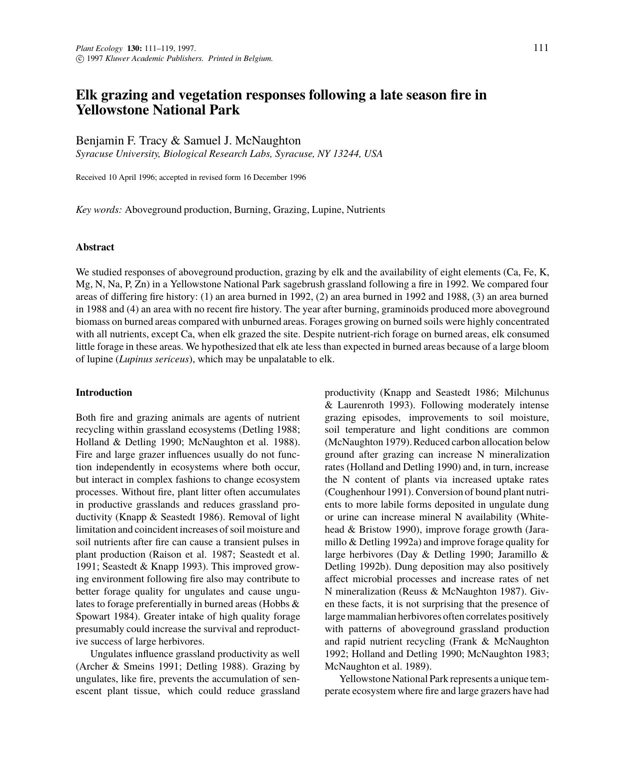 Elk grazing and vegetation responses following a late season fire in Yellowstone National Park by Unknown