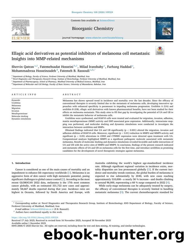 Ellagic acid derivatives as potential inhibitors of melanoma cell metastasis: Insights into MMP-related mechanisms by unknow