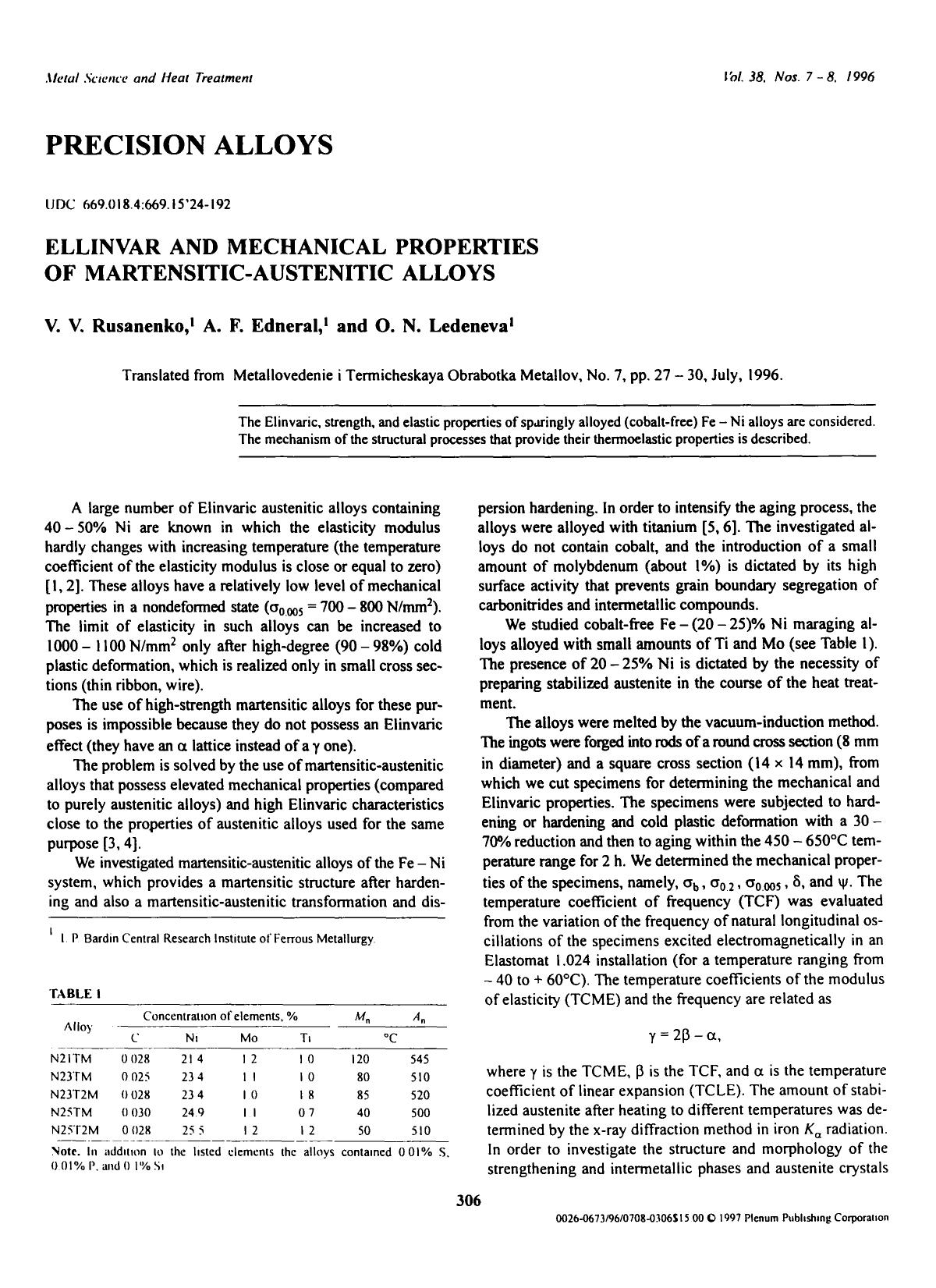 Ellinvar and mechanical properties of martensitic-austenitic alloys by Unknown