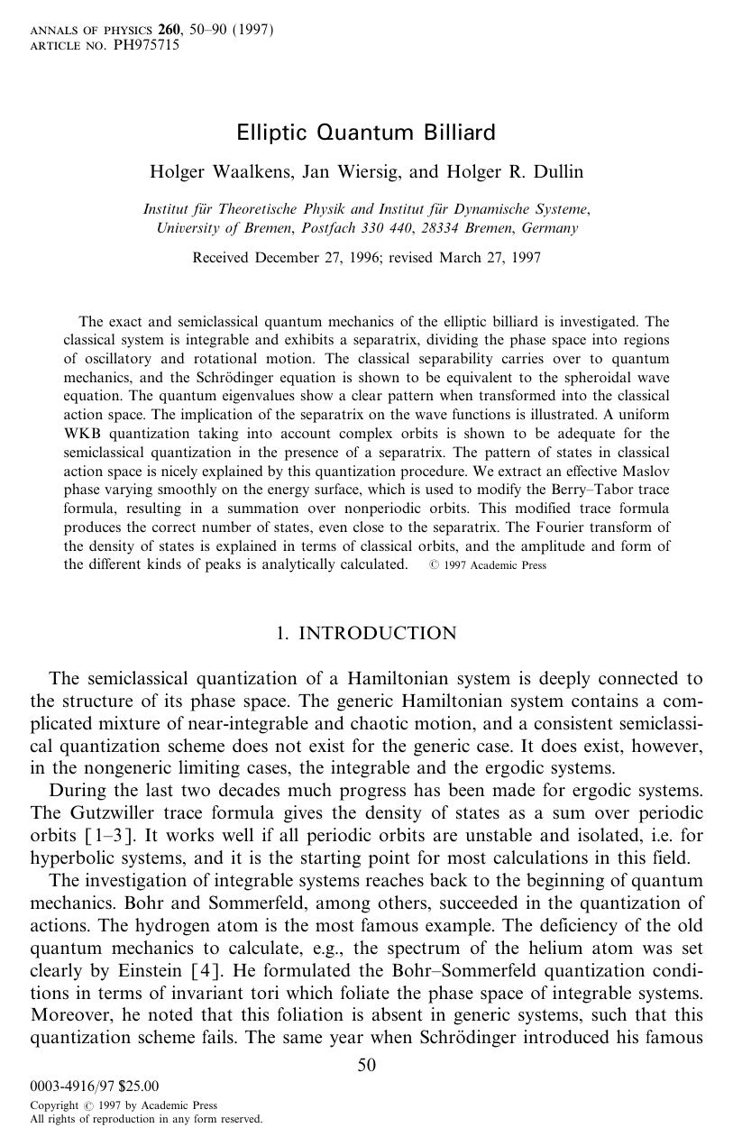 Elliptic Quantum Billiard by Waalkens H. et al