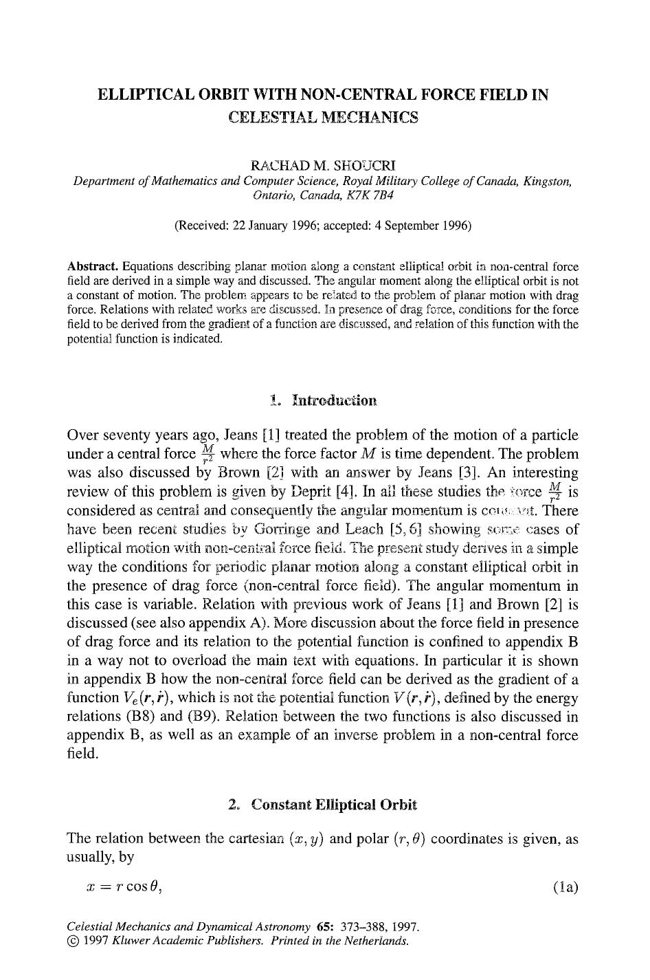 Elliptical orbit with non-central force field in celestial mechanics by Unknown