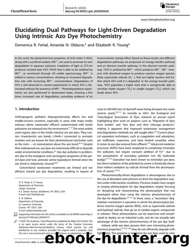 Elucidating Dual Pathways for LightâDriven Degradation Using Intrinsic Azo Dye Photochemistry by Domenica R. Fertal & Amanda N. Oldacre & Elizabeth R. Young