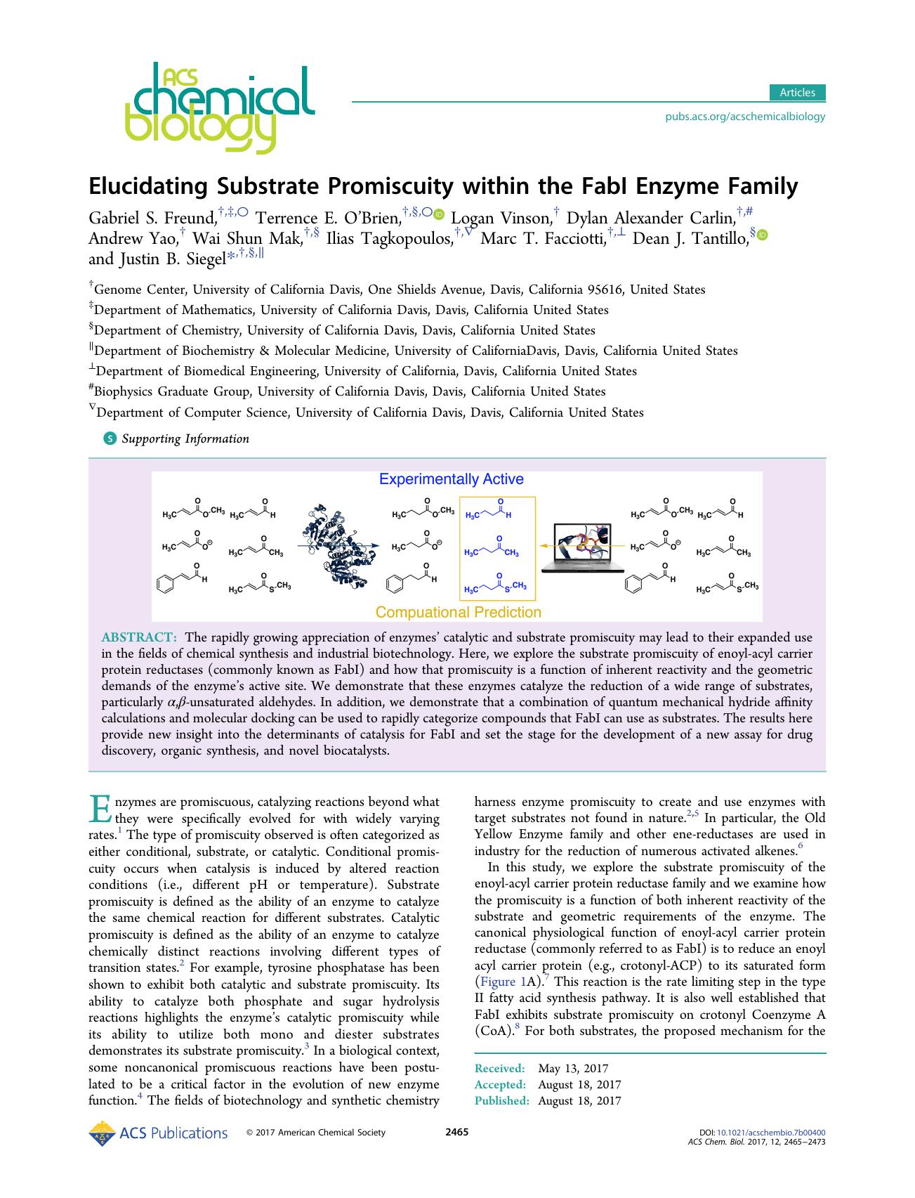 Elucidating Substrate Promiscuity within the FabI Enzyme Family by unknow