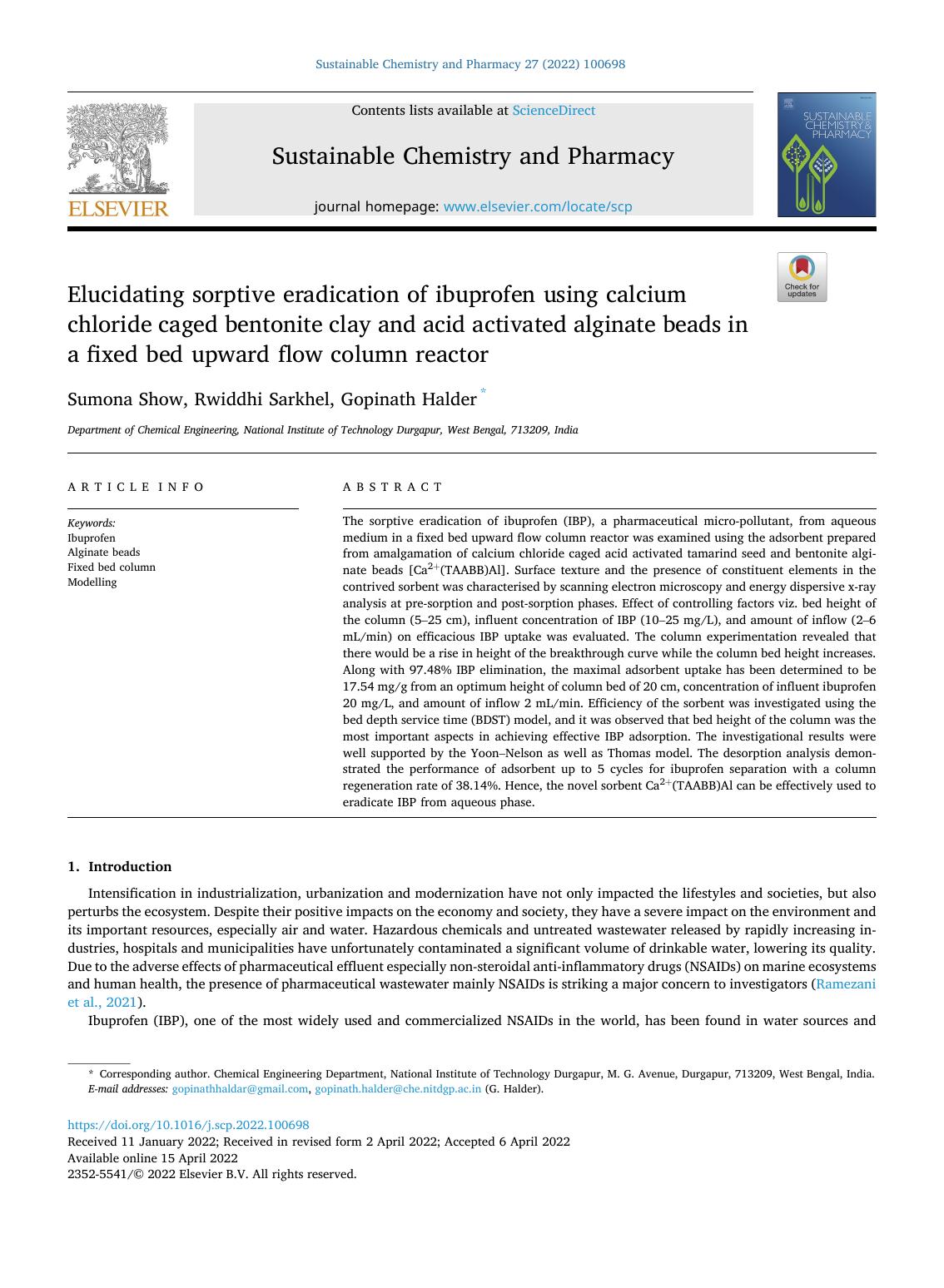 Elucidating sorptive eradication of ibuprofen using calcium chloride caged bentonite clay and acid activated alginate beads in a fixed bed upward flow column reactor by Sumona Show & Rwiddhi Sarkhel & Gopinath Halder
