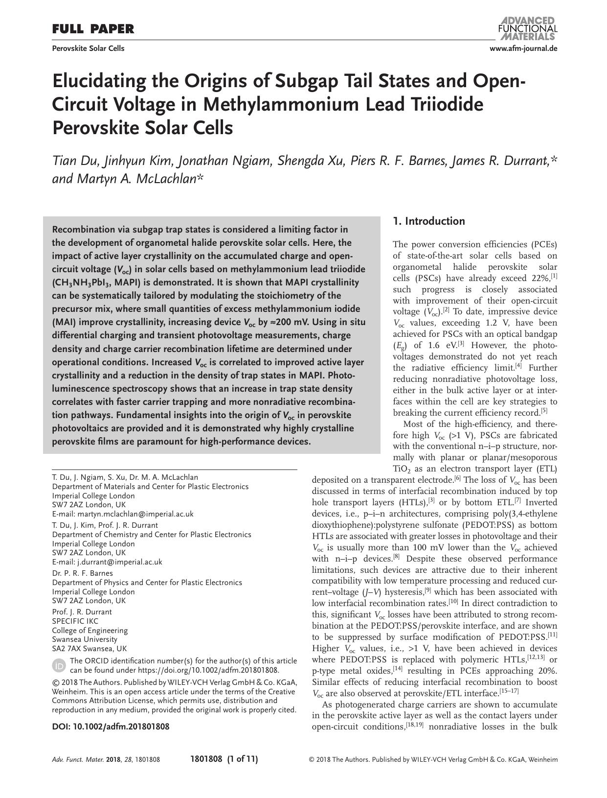 Elucidating the Origins of Subgap Tail States and Open‐Circuit Voltage in Methylammonium Lead Triiodide Perovskite Solar Cells by Unknown