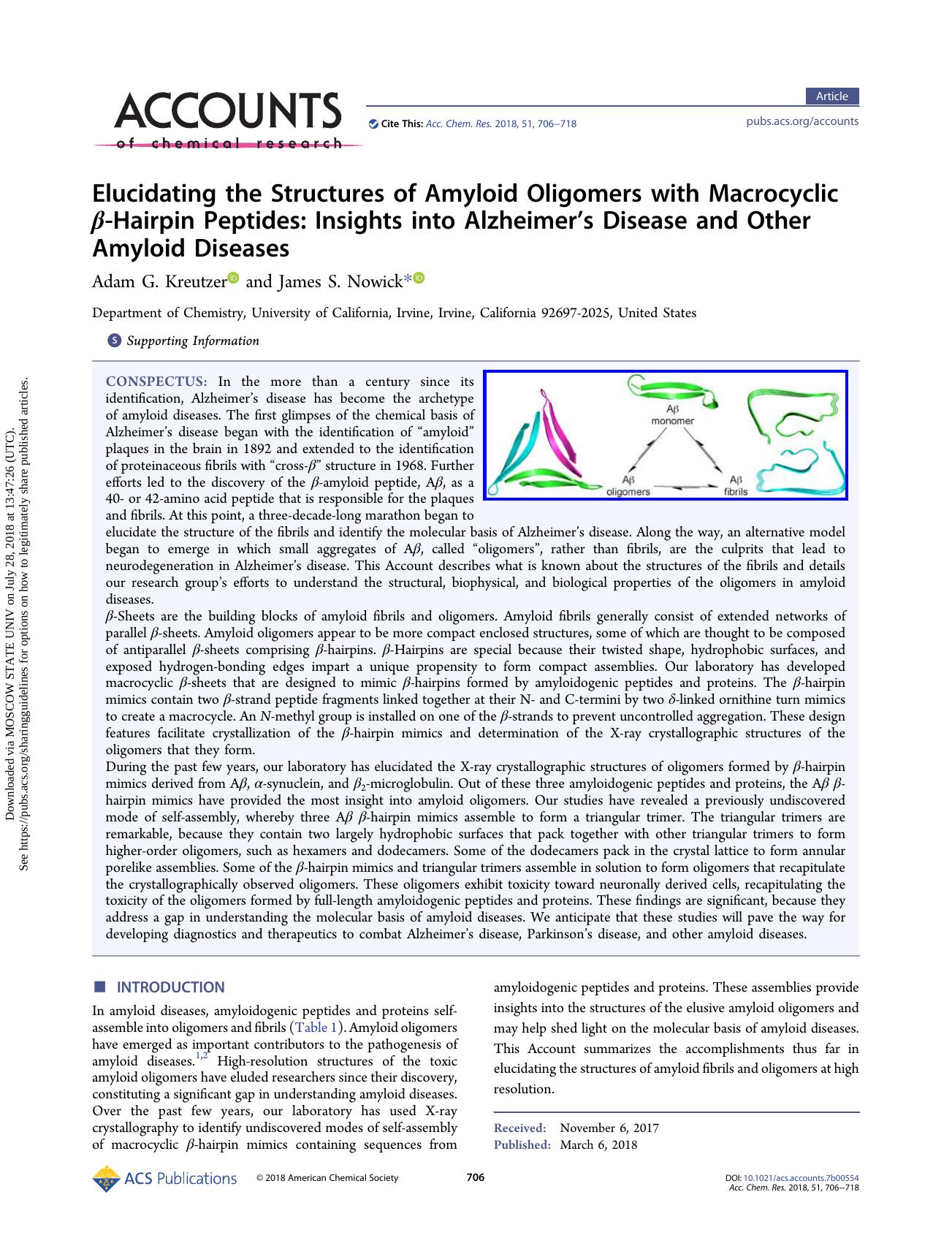 Elucidating the Structures of Amyloid Oligomers with Macrocyclic Î²-Hairpin Peptides: Insights into Alzheimerâs Disease and Other Amyloid Diseases by Adam G. Kreutzer & James S. Nowick