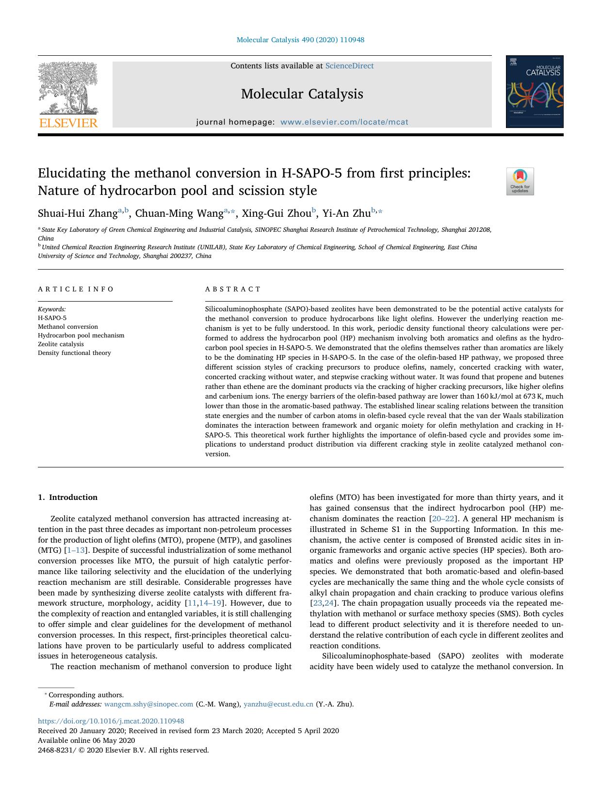 Elucidating the methanol conversion in H-SAPO-5 from first principles_ Nature of hydrocarbon pool and scission style by Shuai-Hui Zhang & Chuan-Ming Wang & Xing-Gui Zhou & Yi-An Zhu