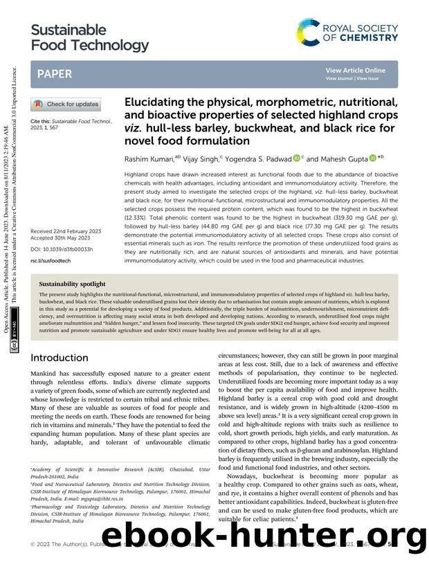 Elucidating the physical, morphometric, nutritional, and bioactive properties of selected highland crops viz. hull-less barley, buckwheat, and black rice for novel food formulation by Rashim Kumari & Vijay Singh & Yogendra S. Padwad & Mahesh Gupta