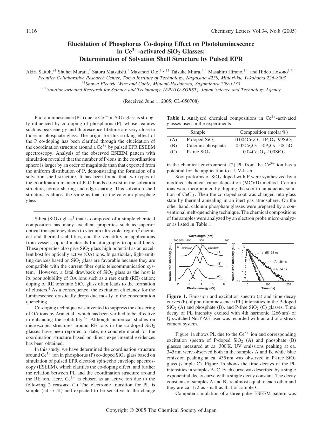 Elucidation of Phosphorus Co-doping Effect on Photoluminescence in Ce^{3+}-activated SiO_{2} Glasses: Determination of Solvation Shell Structure by Pulsed EPR by unknow