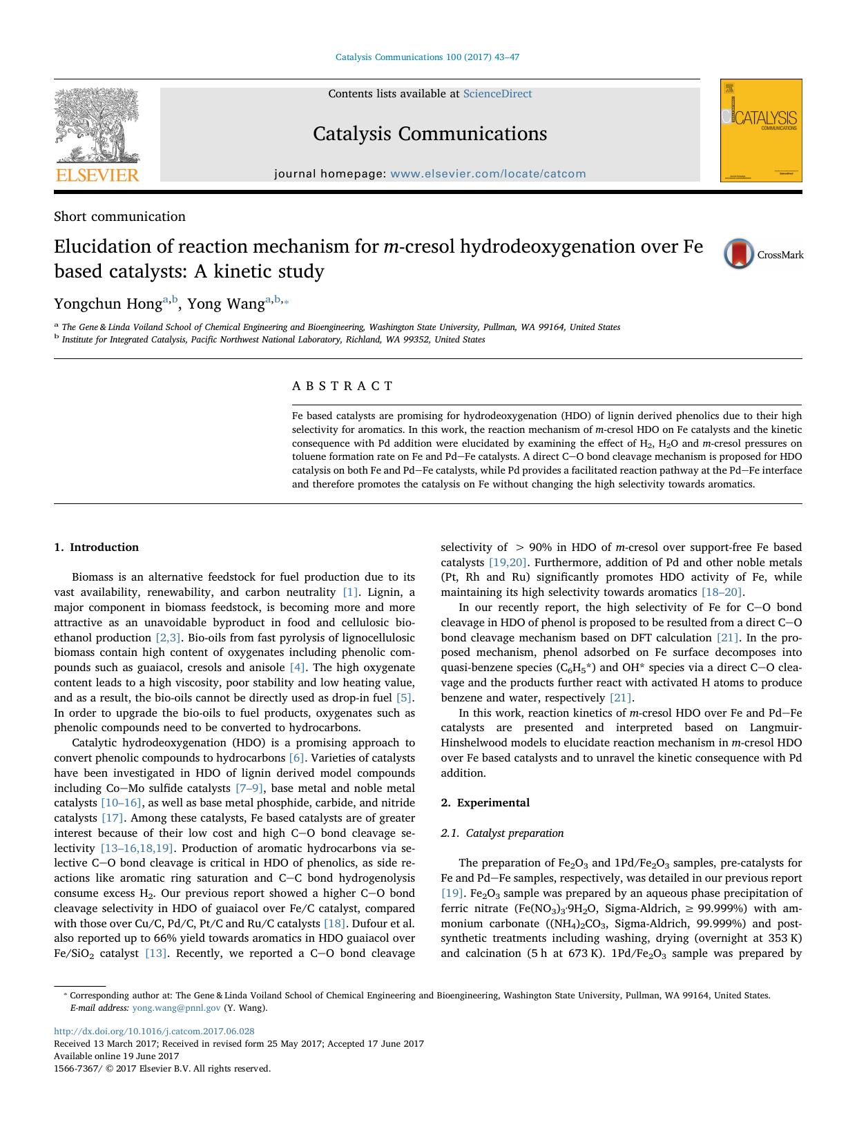 Elucidation of reaction mechanism for m-cresol hydrodeoxygenation over Fe based catalysts_ A kinetic study by Yongchun Hong & Yong Wang