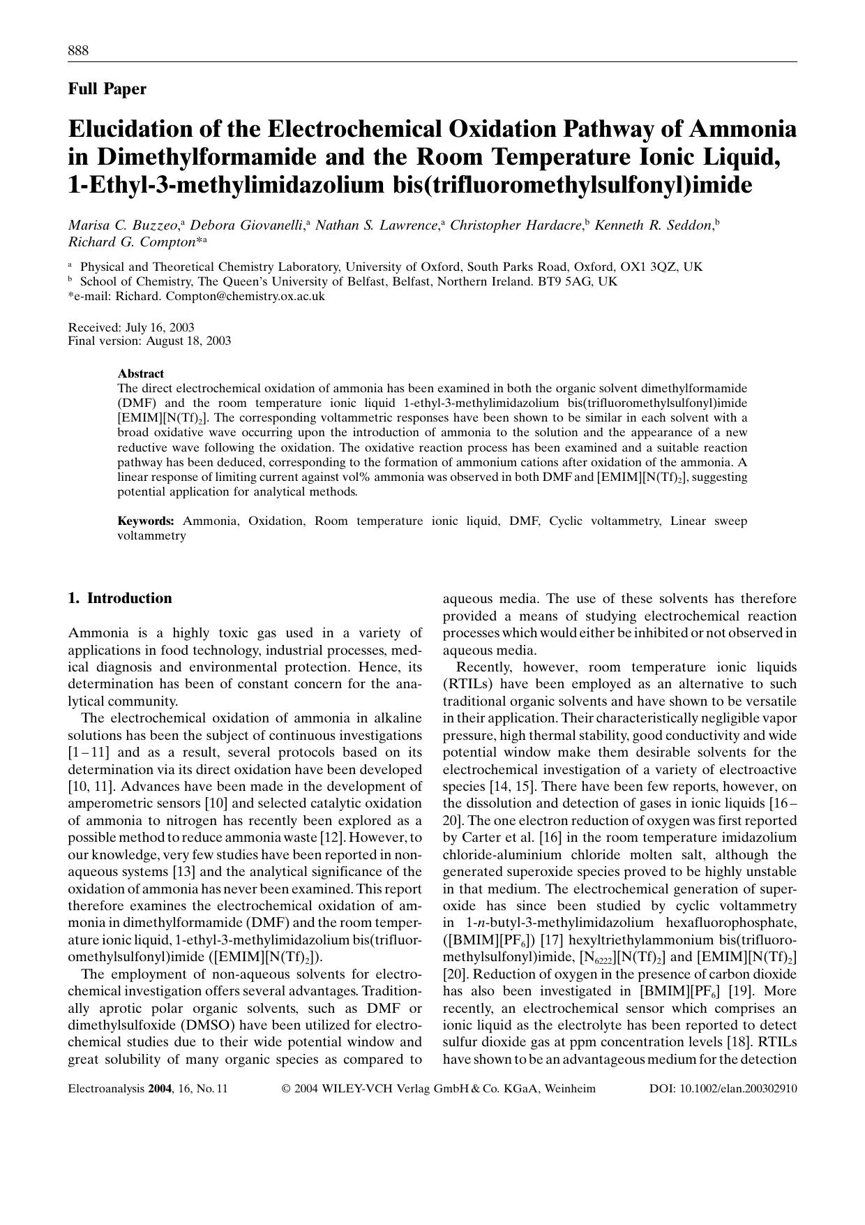 Elucidation of the Electrochemical Oxidation Pathway of Ammonia in Dimethylformamide and the Room Temperature Ionic Liquid, 1-Ethyl-3-methylimidazolium bis(trifluoromethylsulfonyl)imide by Unknown