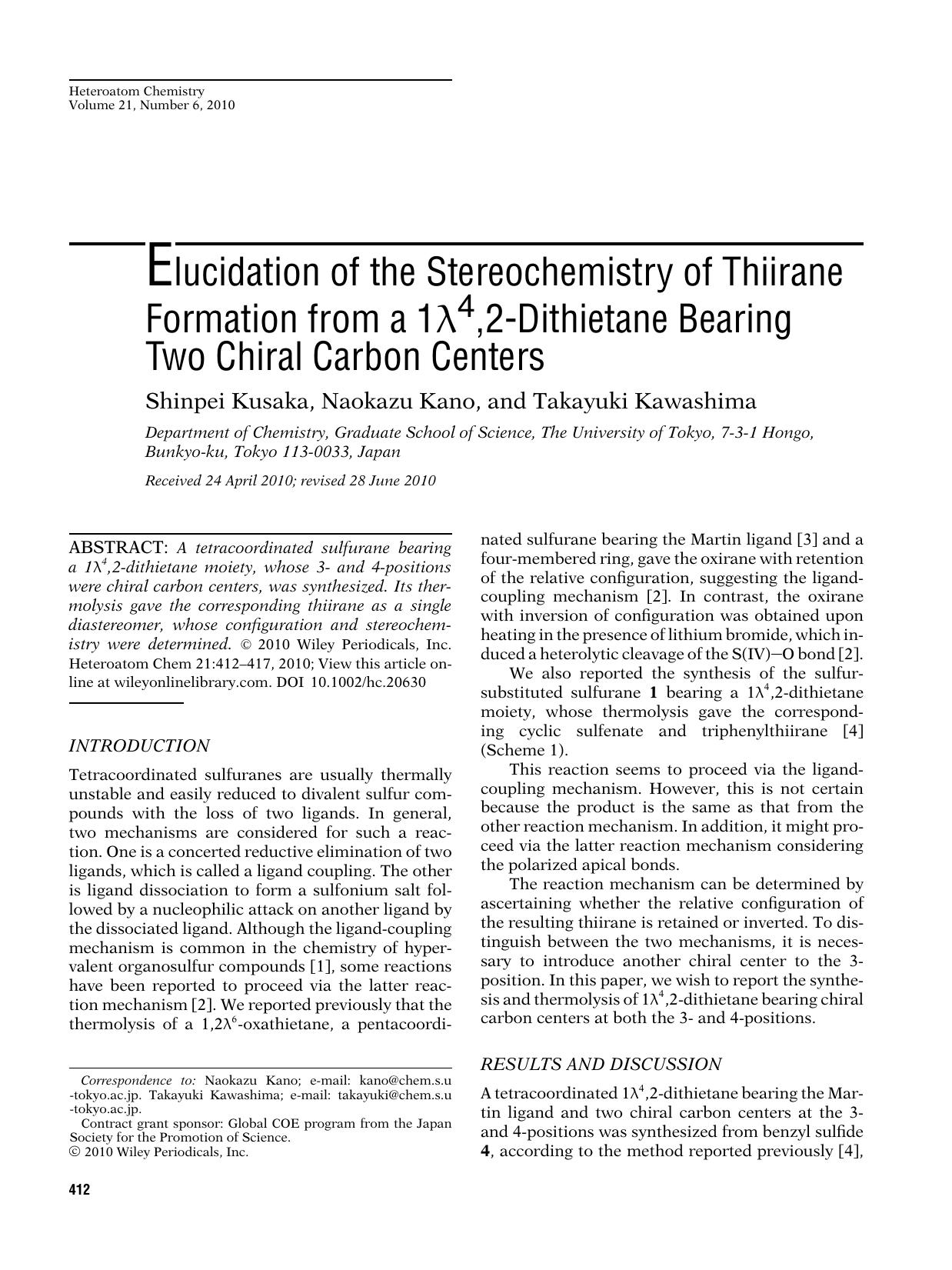 Elucidation of the stereochemistry of thiirane formation from a 14,2dithietane bearing two chiral carbon centers by Unknown