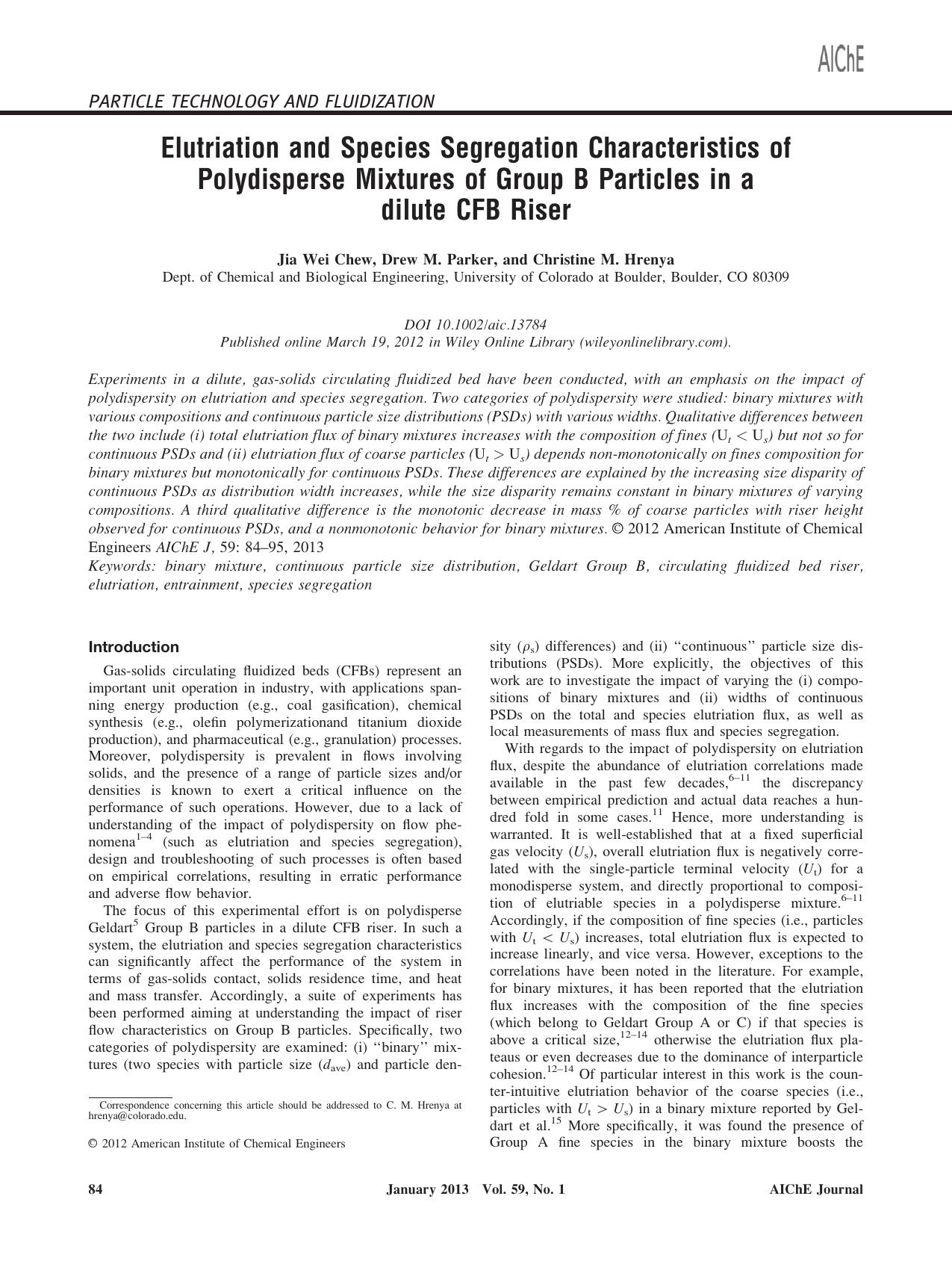 Elutriation and Species Segregation Characteristics of Polydisperse Mixtures of Group B Particles in a dilute CFB Riser by Unknown