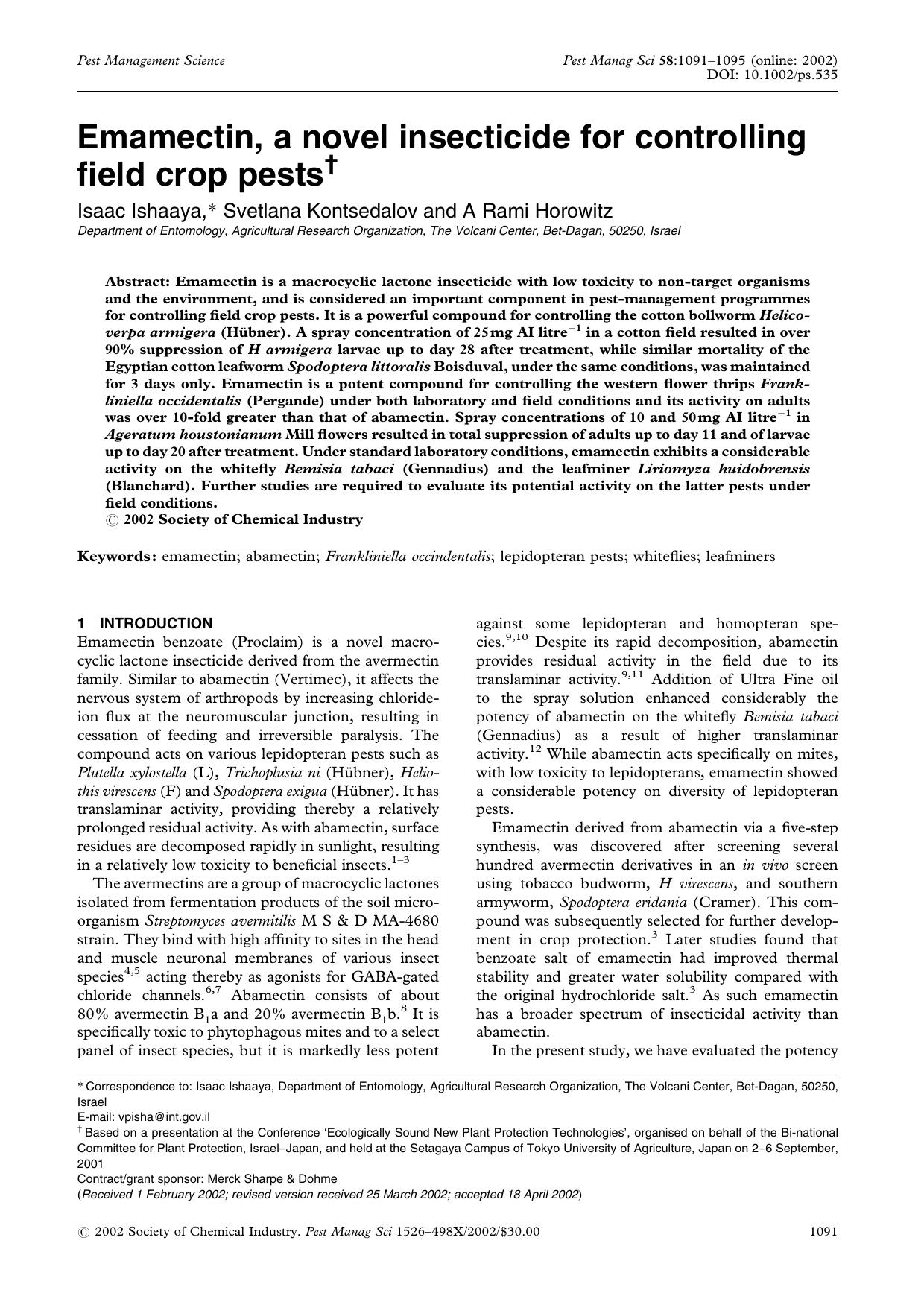 Emamectin, a novel insecticide for controlling field crop pests by Unknown