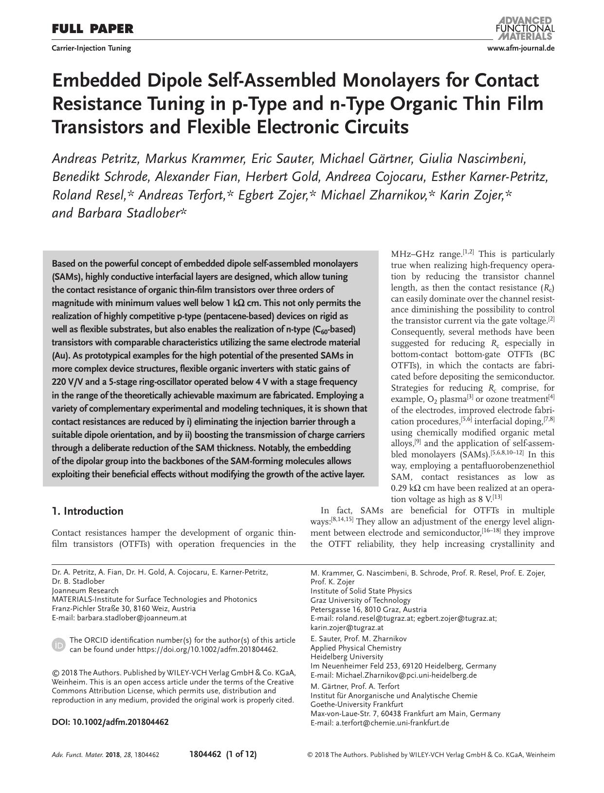 Embedded Dipole Self‐Assembled Monolayers for Contact Resistance Tuning in p‐Type and n‐Type Organic Thin Film Transistors and Flexible Electronic Circuits by Unknown