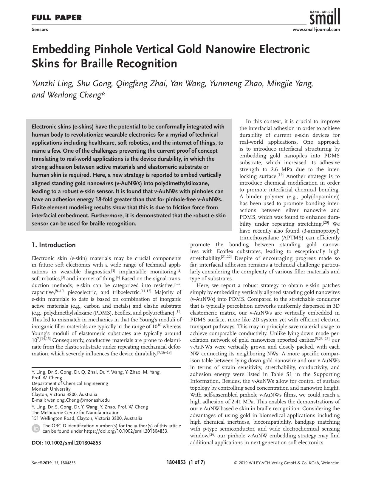 Embedding Pinhole Vertical Gold Nanowire Electronic Skins for Braille Recognition by Unknown