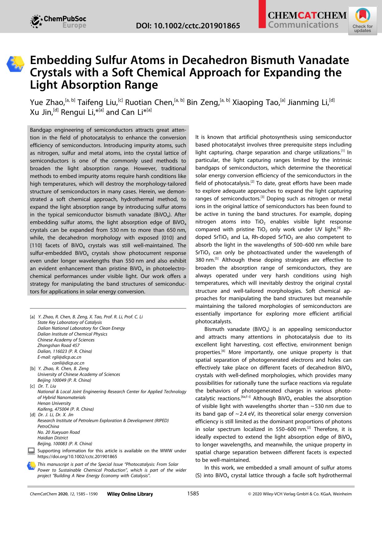 Embedding Sulfur Atoms in Decahedron Bismuth Vanadate Crystals with a Soft Chemical Approach for Expanding the Light Absorption Range by Unknown