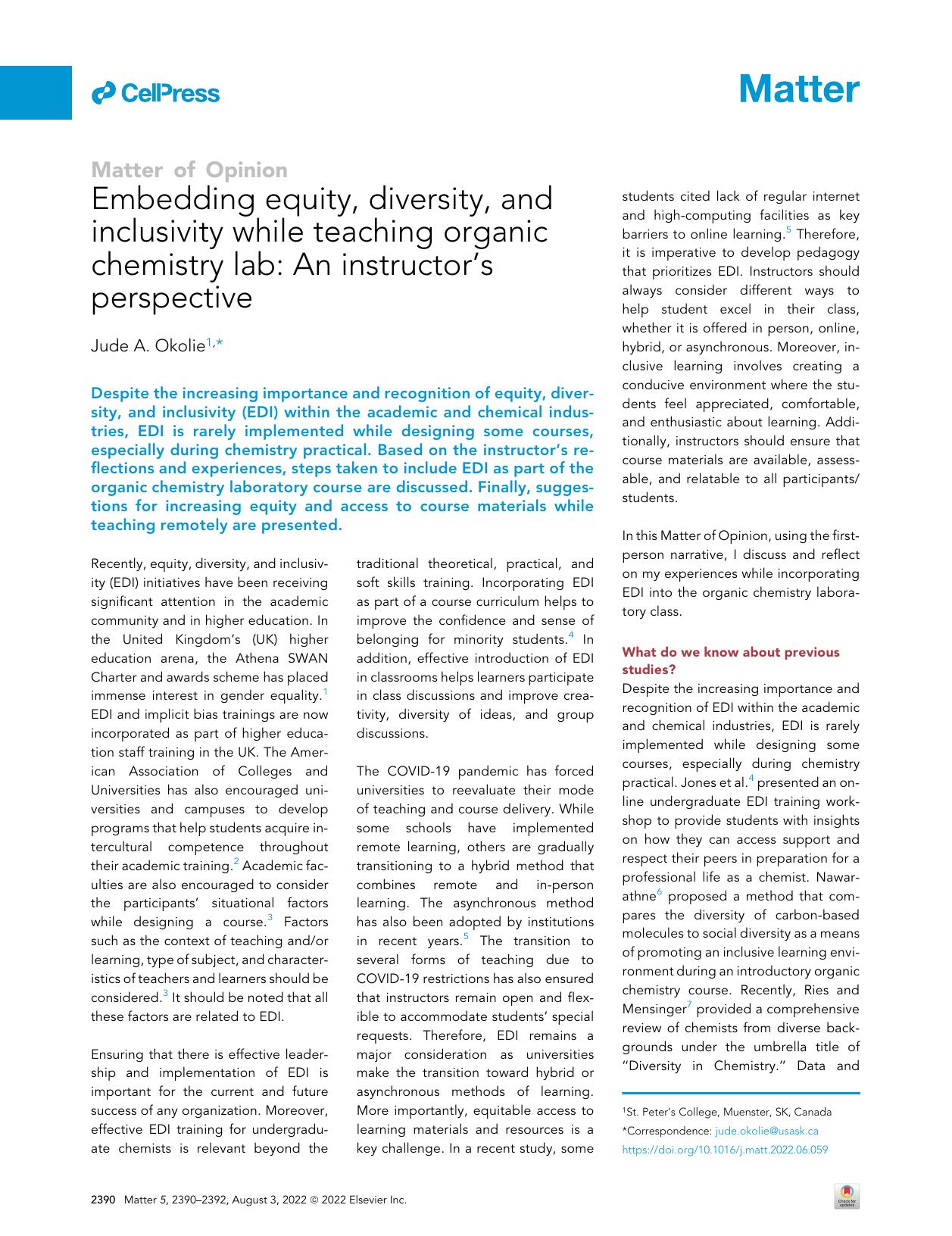 Embedding equity, diversity, and inclusivity while teaching organic chemistry lab: An instructor's perspective by Jude A. Okolie