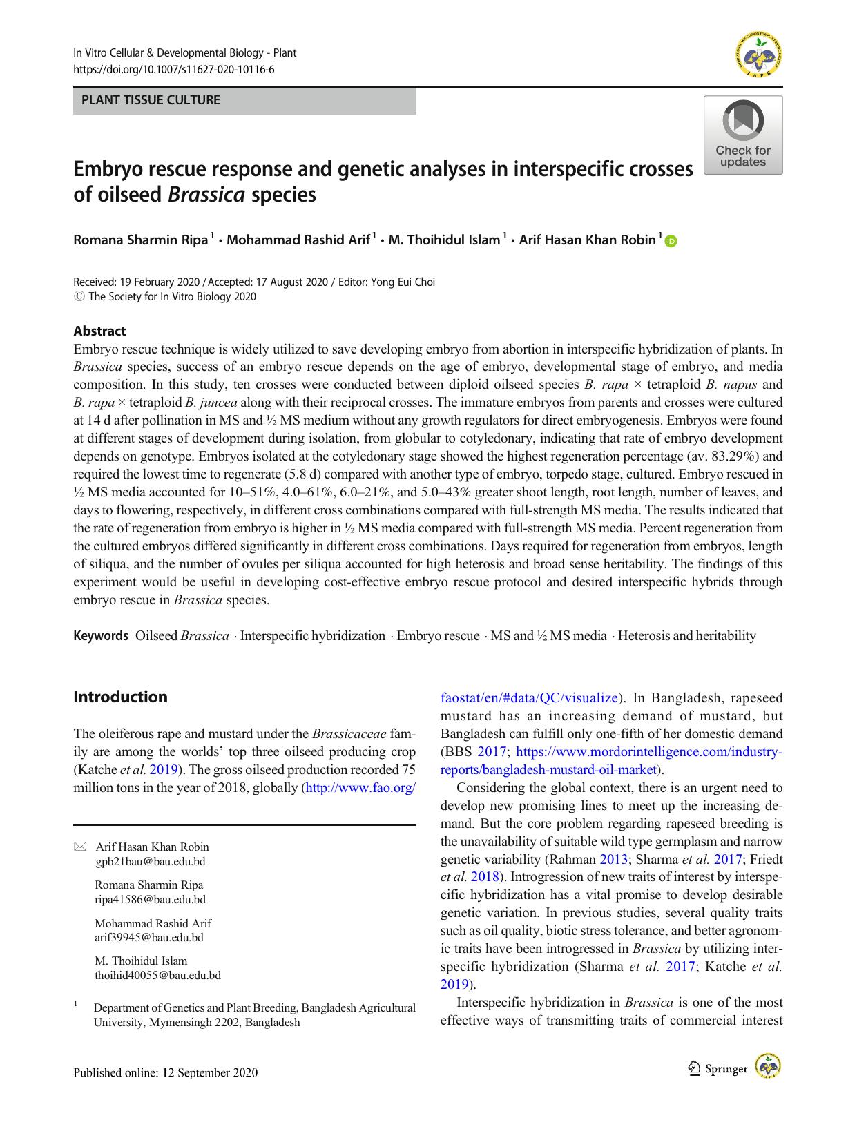 Embryo rescue response and genetic analyses in interspecific crosses of oilseed Brassica species by Romana Sharmin Ripa & Mohammad Rashid Arif & M. Thoihidul Islam & Arif Hasan Khan Robin