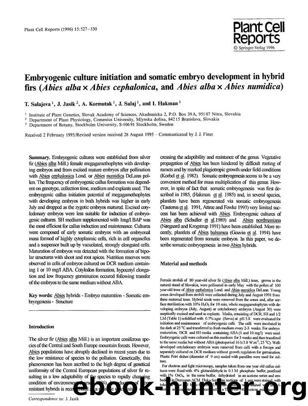 Embryogenic culture initiation and somatic embryo development in hybrid firs (<Emphasis Type="Italic">Abies alba x Abies cephalonica<Emphasis>, and <Emphasis Type="Italic">Abies al by Unknown