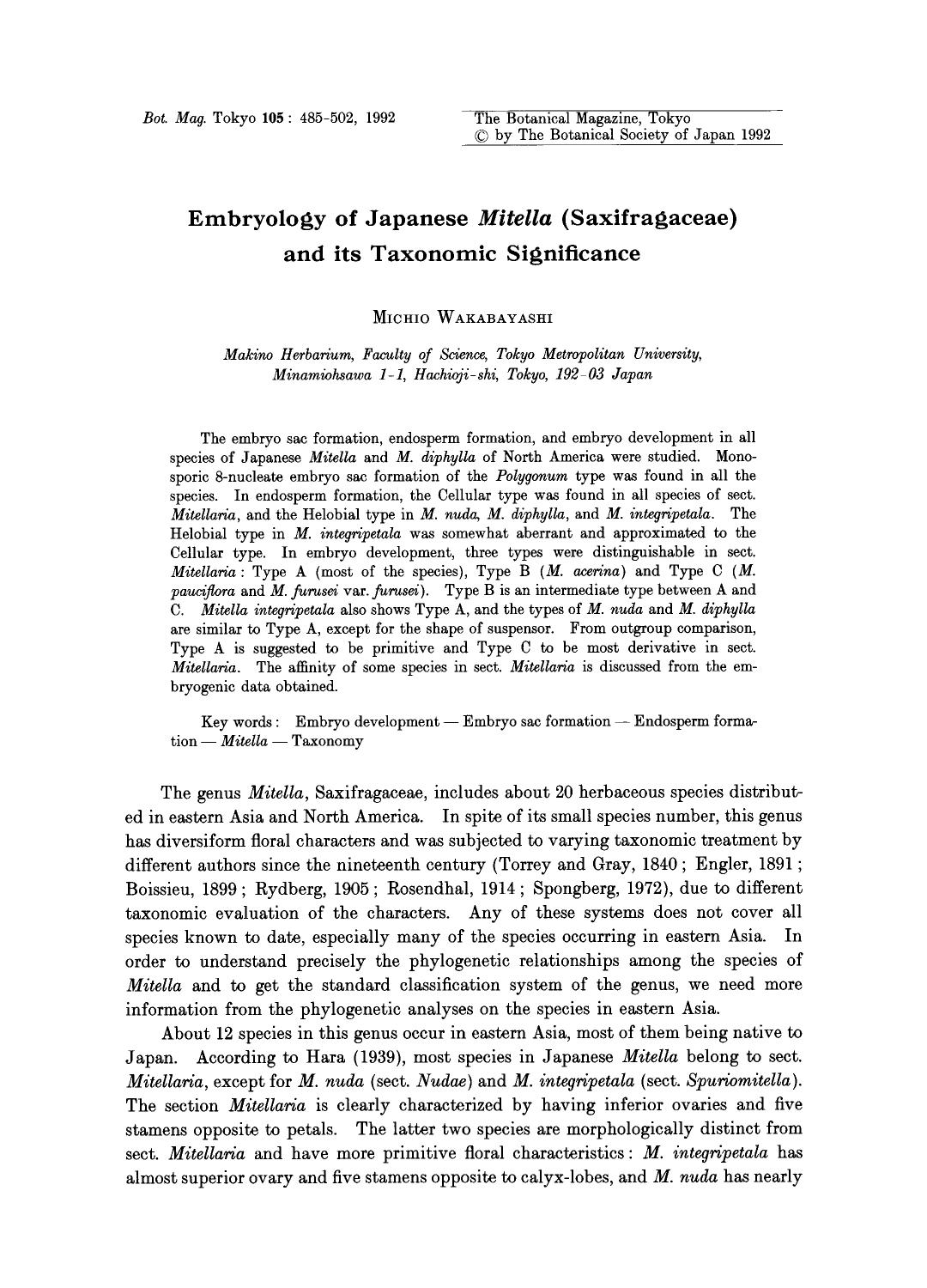 Embryology of Japanese <Emphasis Type="Italic">Mitella <Emphasis> (Saxifragaceae) and its taxonomic significance by Unknown