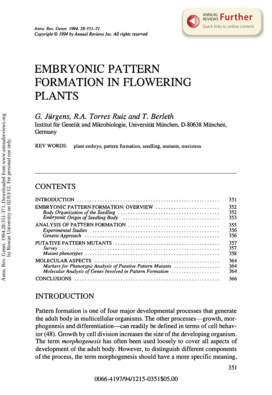 Embryonic Pattern Formation in Flowering Plants by G Jurgens R A T Ruiz & T Berleth