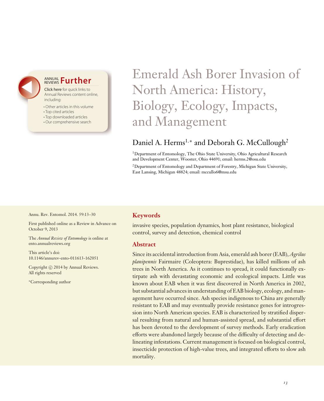 Emerald Ash Borer Invasion of North America: History, Biology, Ecology, Impacts, and Management by Daniel A. Herms and Deborah G. McCullough