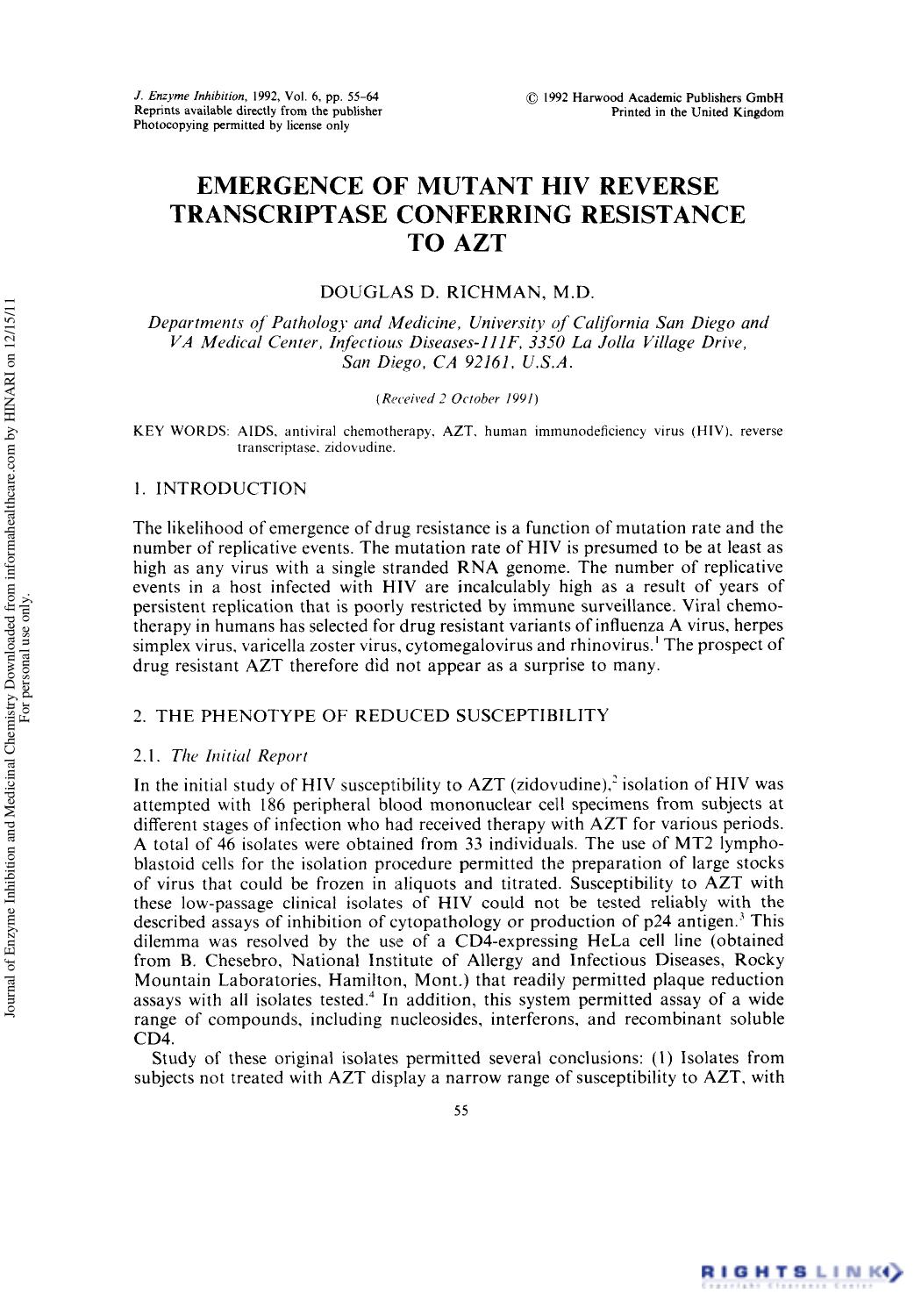 Emergence of Mutant HIV Reverse Transcriptase Conferring Resistance to AZT by Douglas D. Richman