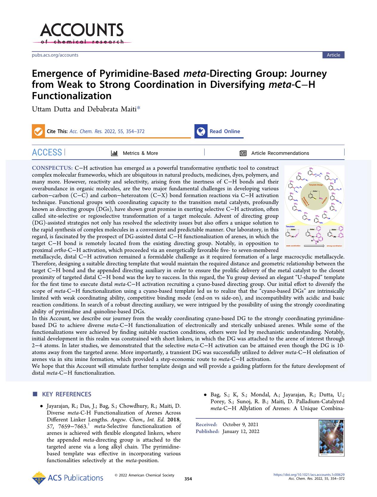 Emergence of Pyrimidine-Based meta-Directing Group: Journey from Weak to Strong Coordination in Diversifying meta-CâH Functionalization by Uttam Dutta and Debabrata Maiti