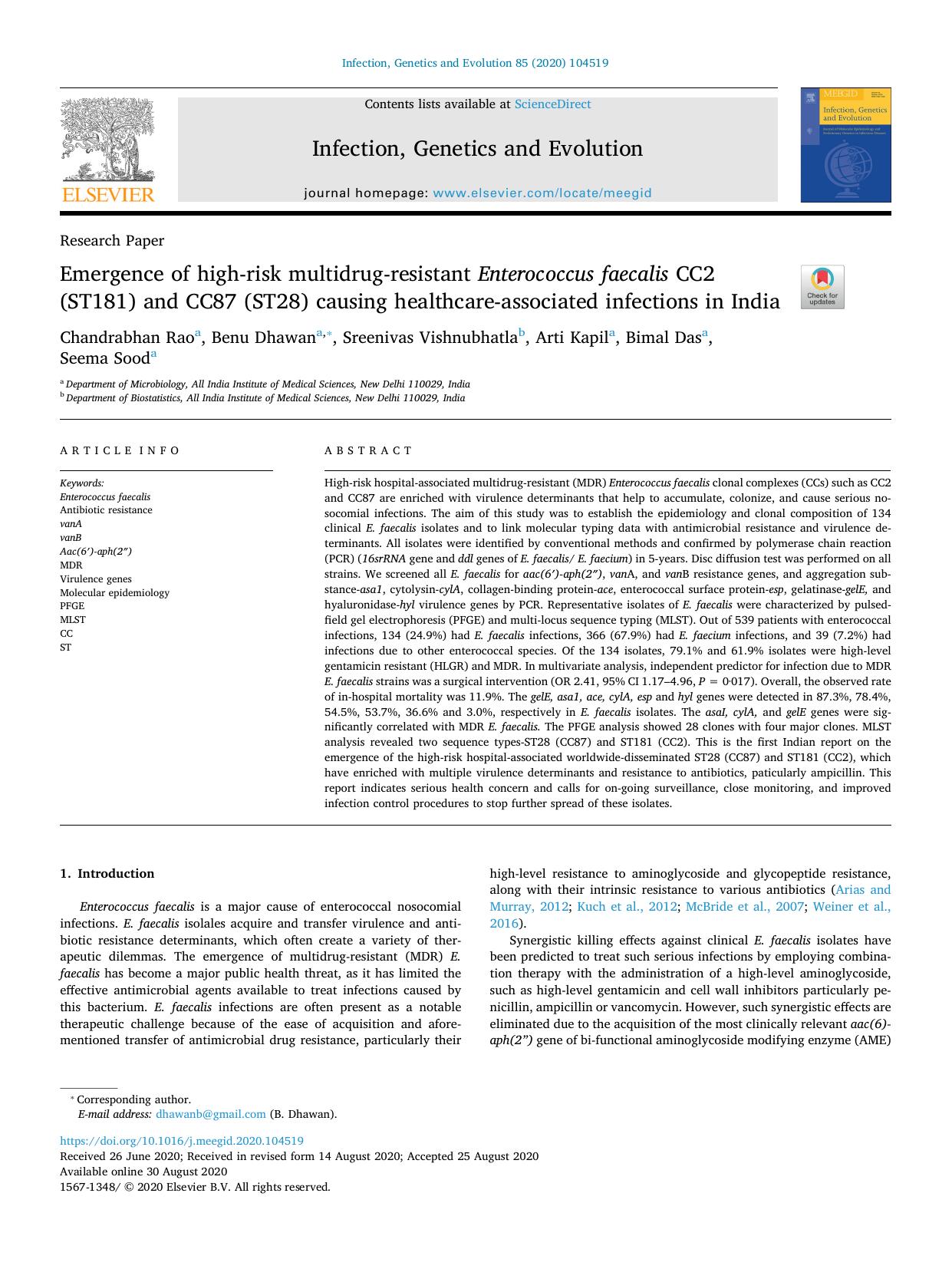 Emergence of high-risk multidrug-resistant Enterococcus faecalis CC2 (ST181) and CC87 (ST28) causing healthcare-associated infections in India by Chandrabhan Rao & Benu Dhawan & Sreenivas Vishnubhatla & Arti Kapil & Bimal Das & Seema Sood
