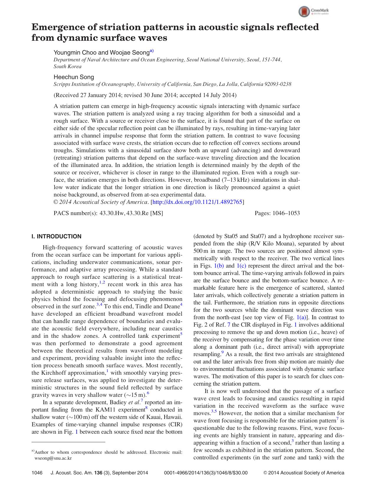 Emergence of striation patterns in acoustic signals reflected from dynamic surface waves by Youngmin Choo & Woojae Seong & Heechun Song