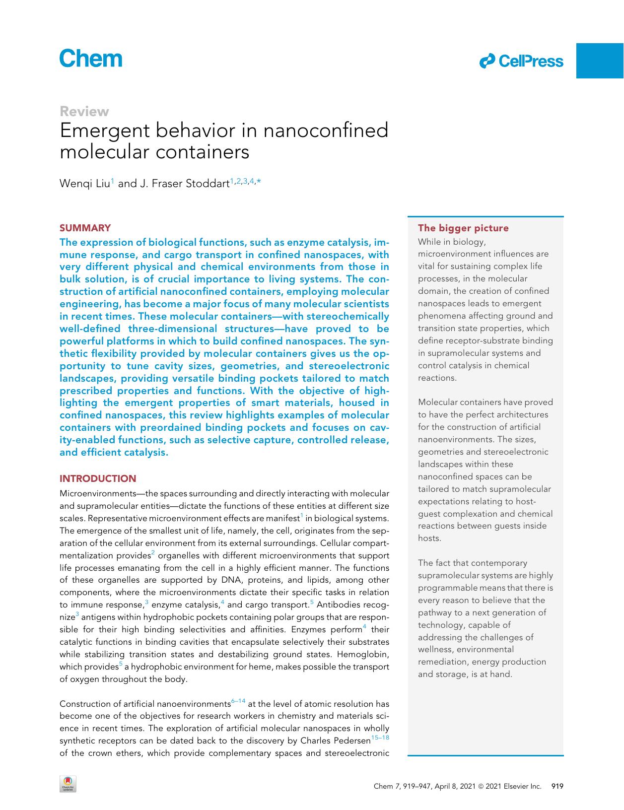 Emergent behavior in nanoconfined molecular containers by Wenqi Liu & J. Fraser Stoddart