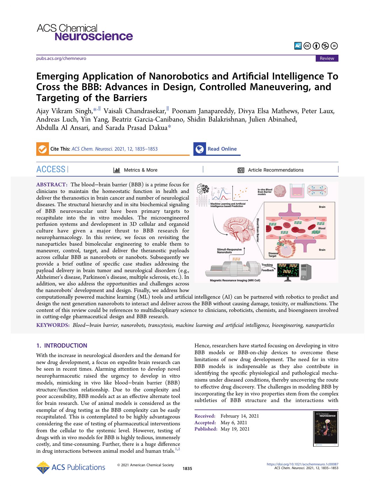 Emerging Application of Nanorobotics and Artificial Intelligence To Cross the BBB: Advances in Design, Controlled Maneuvering, and Targeting of the Barriers by unknow