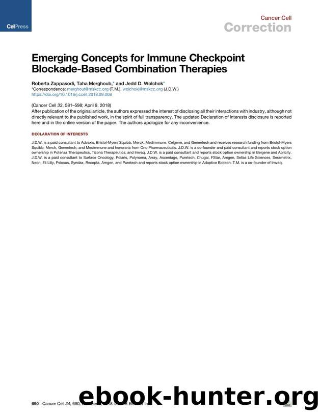 Emerging Concepts for Immune Checkpoint Blockade-Based Combination Therapies by Roberta Zappasodi & Taha Merghoub & Jedd D. Wolchok