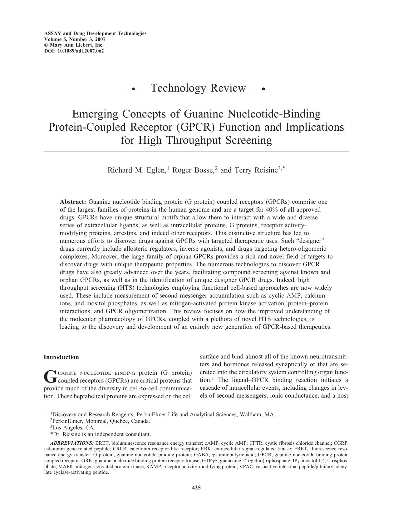 Emerging Concepts of Guanine Nucleotide-Binding Protein-Coupled Receptor (GPCR) Function and Implications for High Throughput Screening by Richard M. Eglen Roger Bosse Terry Reisine