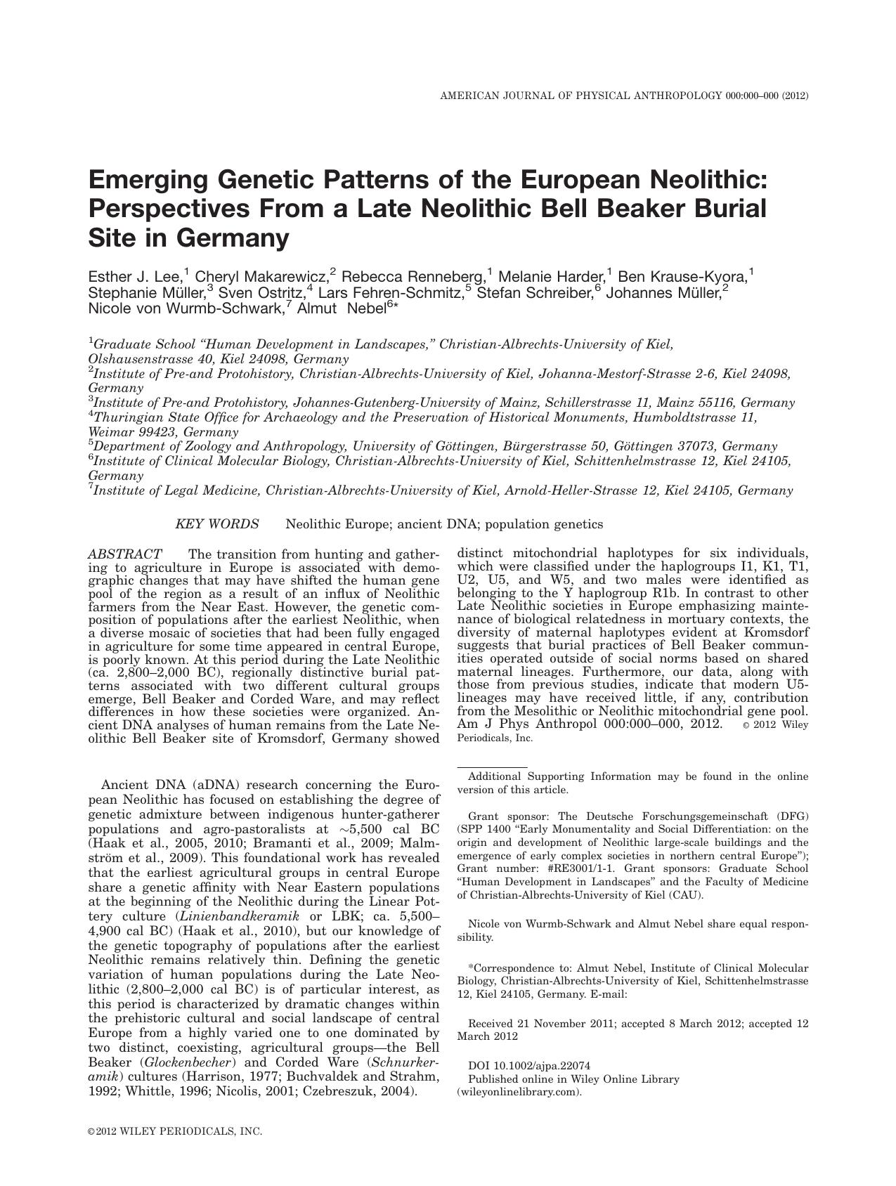 Emerging Genetic Patterns of the European Neolithic: Perspectives From a Late Neolithic Bell Beaker Burial Site in Germany by Lee E.J. et al