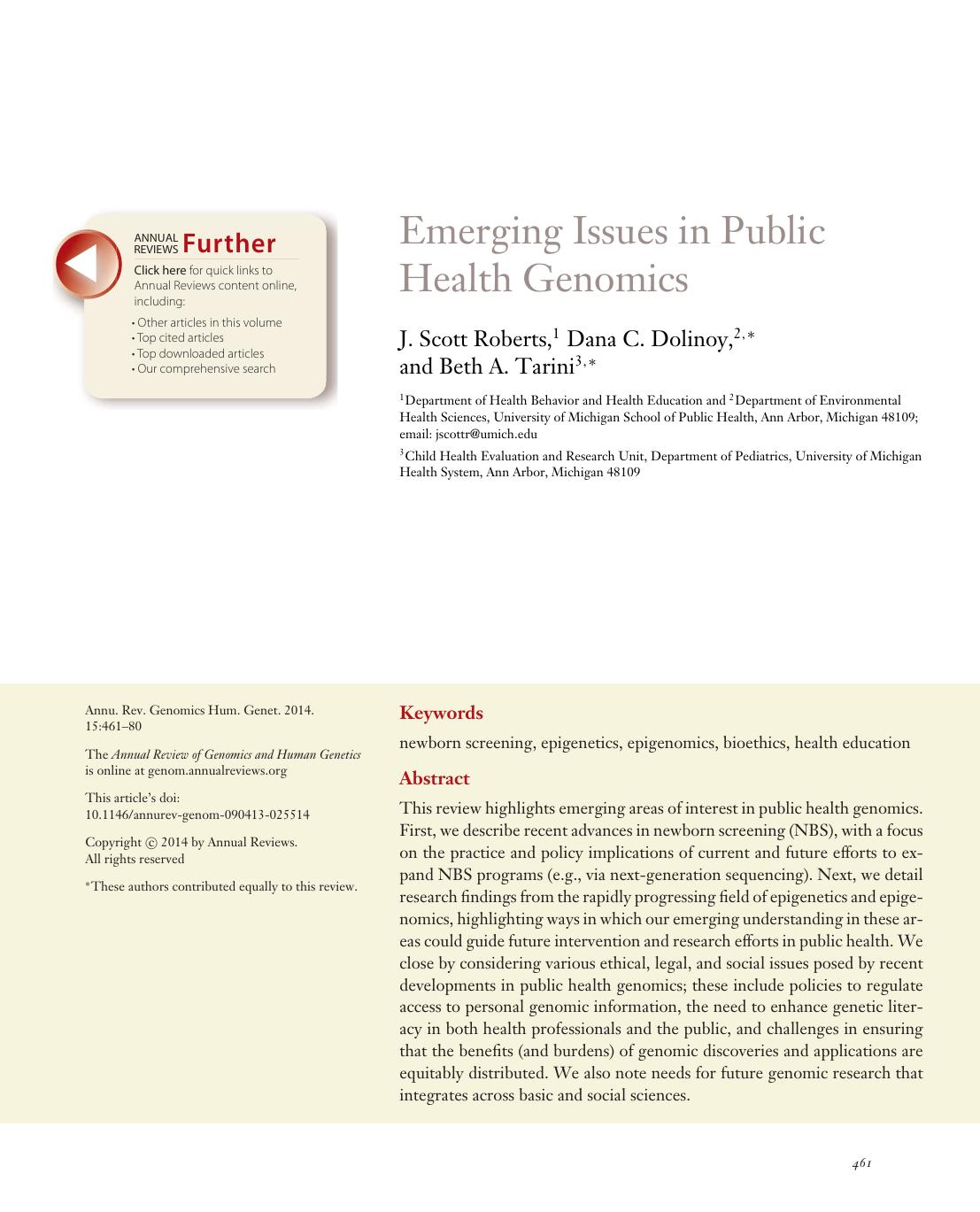 Emerging Issues in Public Health Genomics by J. Scott Roberts Dana C. Dolinoy Beth A. Tarini