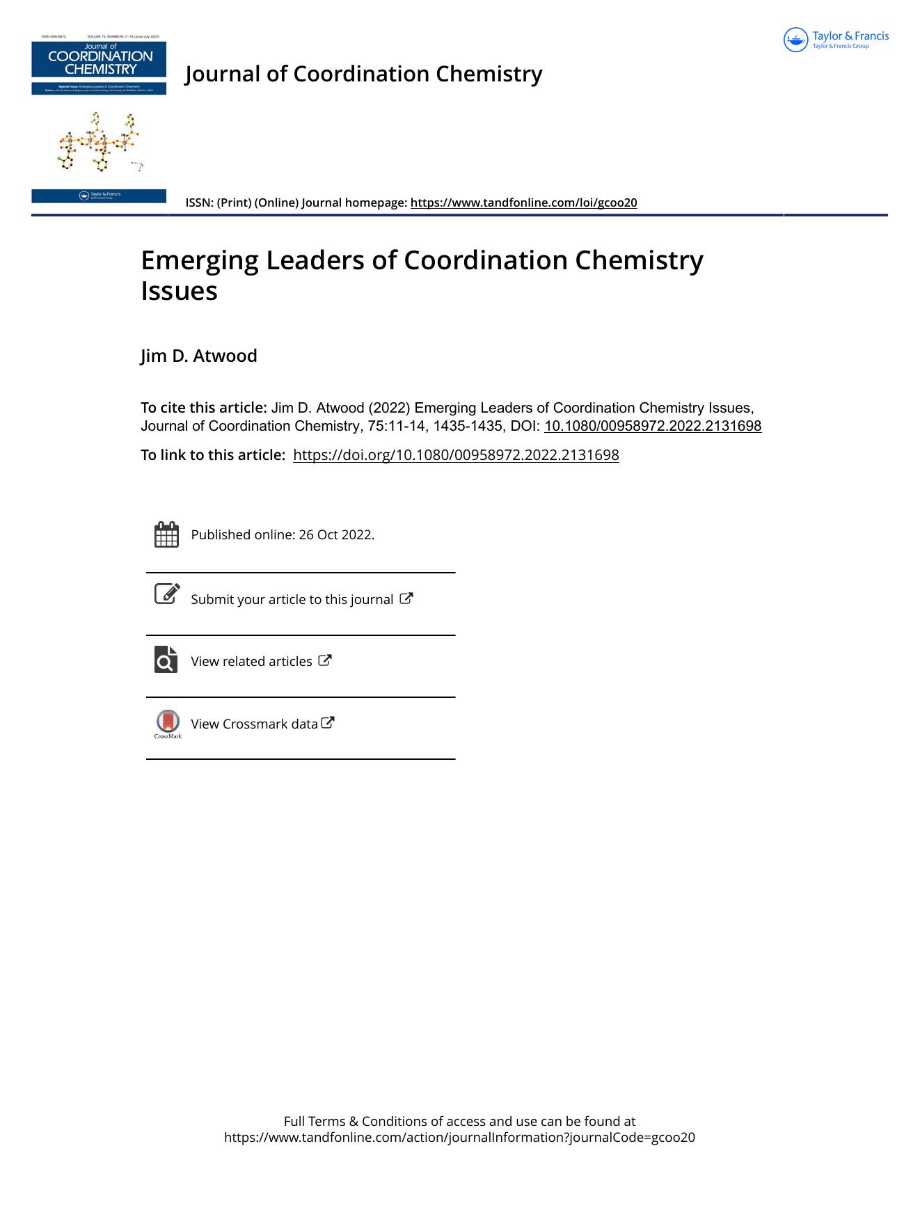 Emerging Leaders of Coordination Chemistry Issues by Atwood Jim D