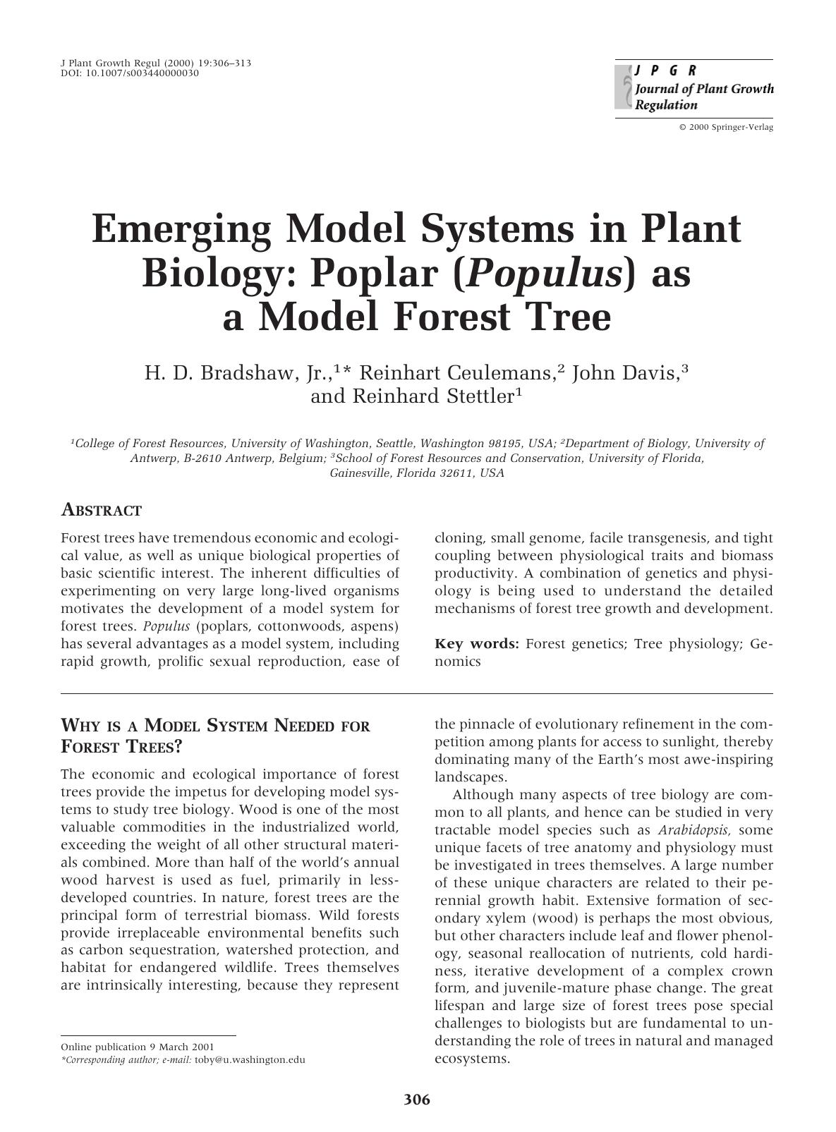 Emerging Model Systems in Plant Biology: Poplar (Populus)as a Model Forest Tree by Bradshaw H. et al