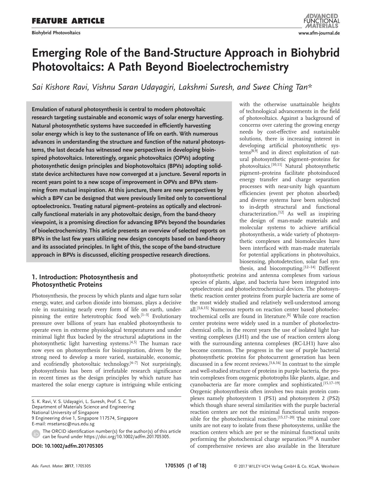 Emerging Role of the Band&#x02010;Structure Approach in Biohybrid Photovoltaics: A Path Beyond Bioelectrochemistry by Unknown
