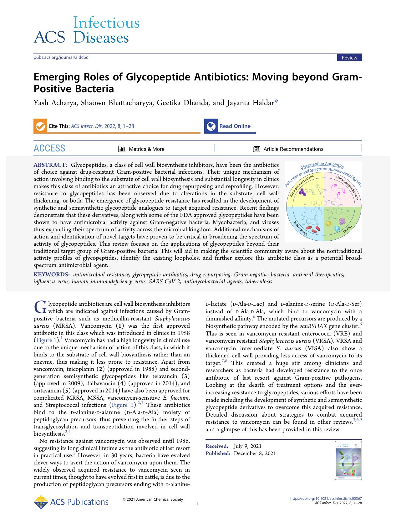 Emerging Roles of Glycopeptide Antibiotics: Moving beyond Gram-Positive Bacteria by Yash Acharya Shaown Bhattacharyya Geetika Dhanda and Jayanta Haldar